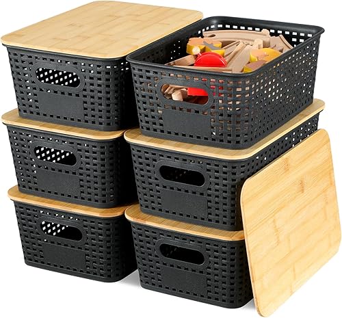Miniatura 10 de Contenedores de almacenamiento con tapas de bambú, paquete de 6 cestas de almacenamiento de plástico y contenedores de almacenamiento, cestas de