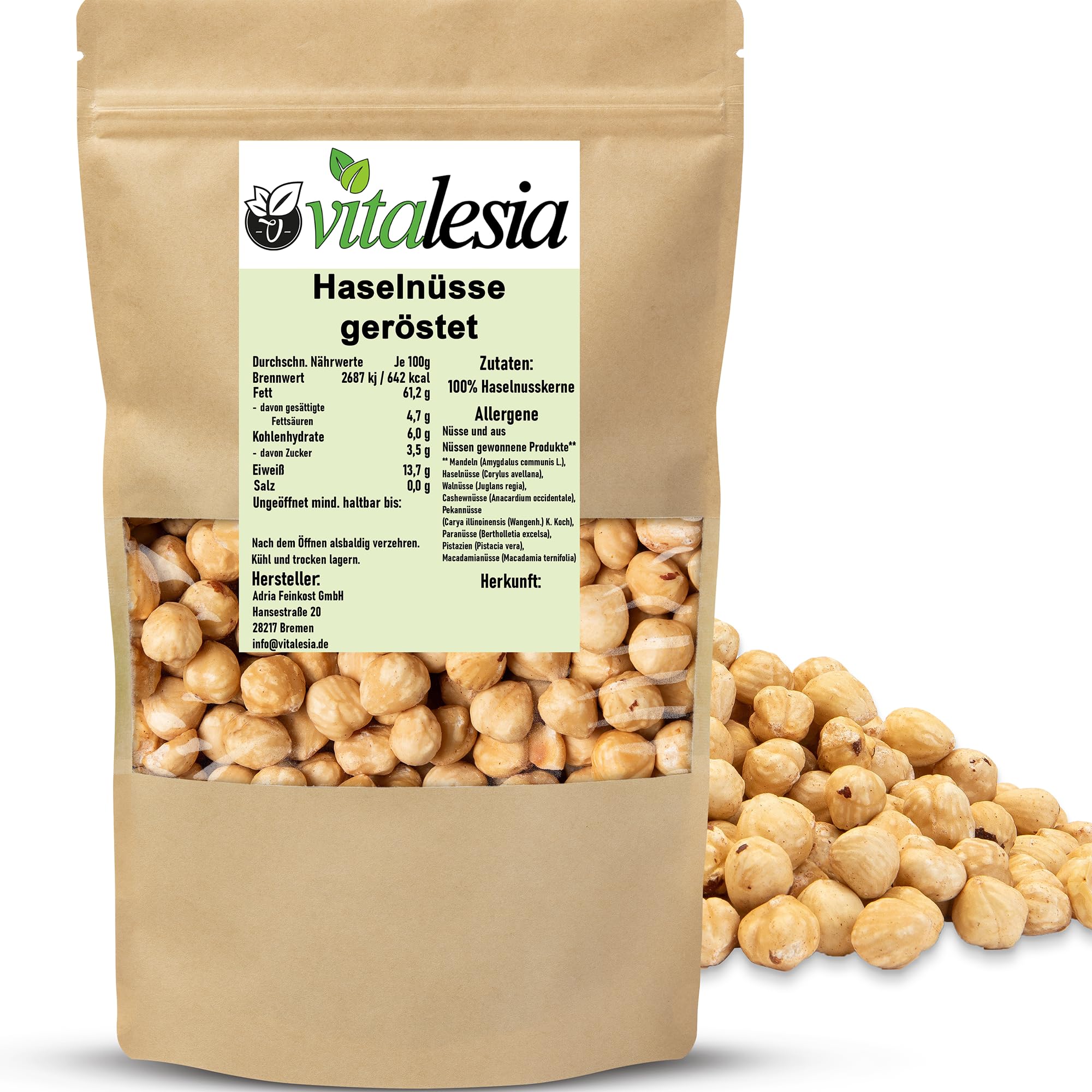 Vitalesia Haselnüsse geröstet 1kg | ganze Haselnüsse ohne Haut | blanchiert & schonend geröstet | Premium Qualität aus der Türkei | ungesalzen & ohne Zusätze | vegan