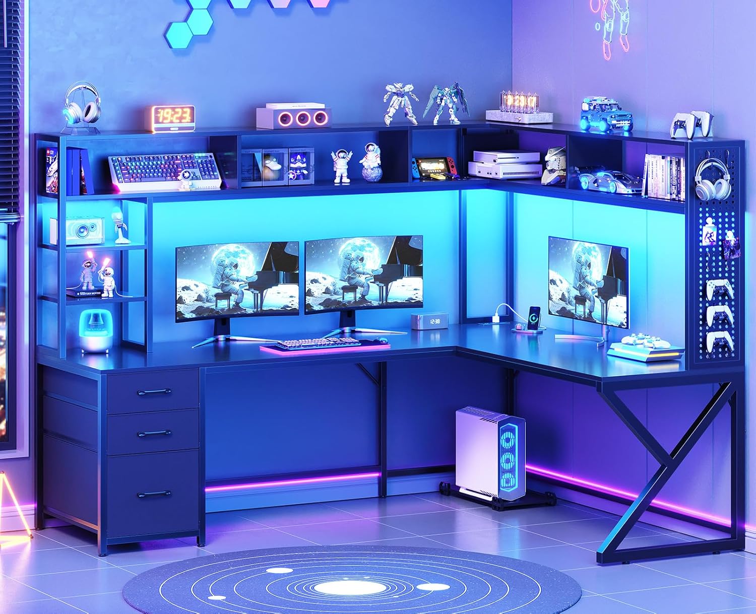 SEDETA L-Shaped Gaming Desk 94.5" Convertible with Storage Shelves, Hutch, Drawers, Power Outlet, LED Lights & Pegboard - Black Home Office Corner Desk