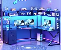 SEDETA L-Shaped Gaming Desk 94.5" Convertible with Storage Shelves, Hutch, Drawers, Power Outlet, LED Lights & Pegboard - Black Home Office Corner Desk