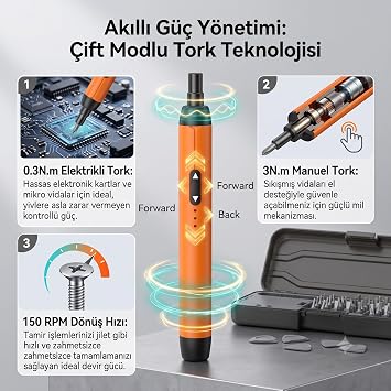 Vıvopack TK-S001 Elektrikli Şarjlı Hassas Tornavida Seti, 0.3N.m Tork & 150 RPM, Type-C Hızlı Şarj, LED Işıklı ve Manyetik Uçlu, Telefon Elektronik Tamiri İçin Mini Tornavida Seti, Turuncu
