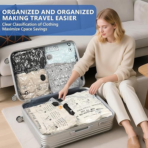 Miniatura 7 de NESCCI Bolsas de vacío de viaje para ropa con bomba de aire inalámbrica recargable, paquete de 18 bolsas de embalaje de compresión para maleta de
