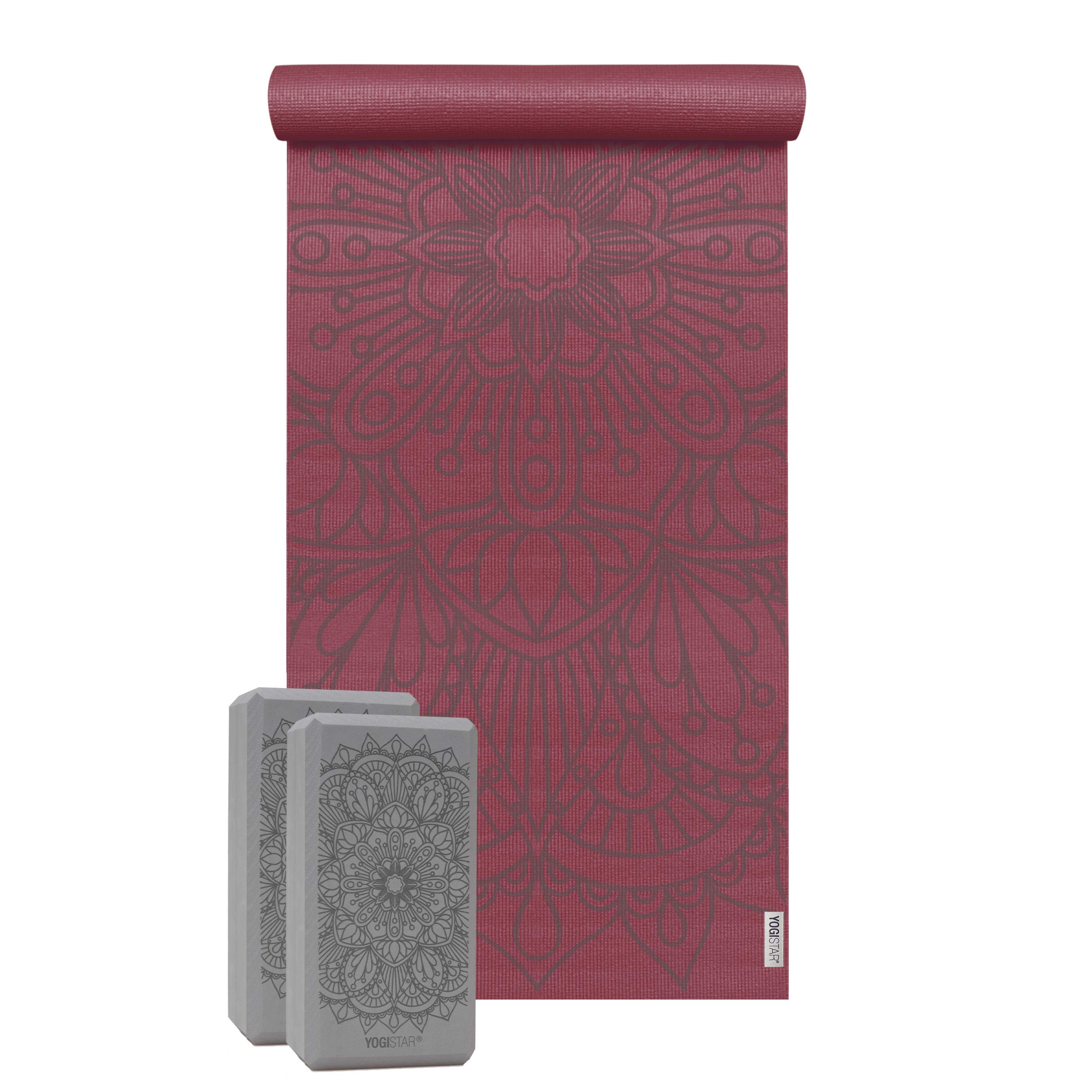 Yogistar Yoga-Set Starter Edition - Lotus Mandala (Yogamatte + 2 Yogablöcke) 183 x 61 x 0.4 cm, Bordeaux