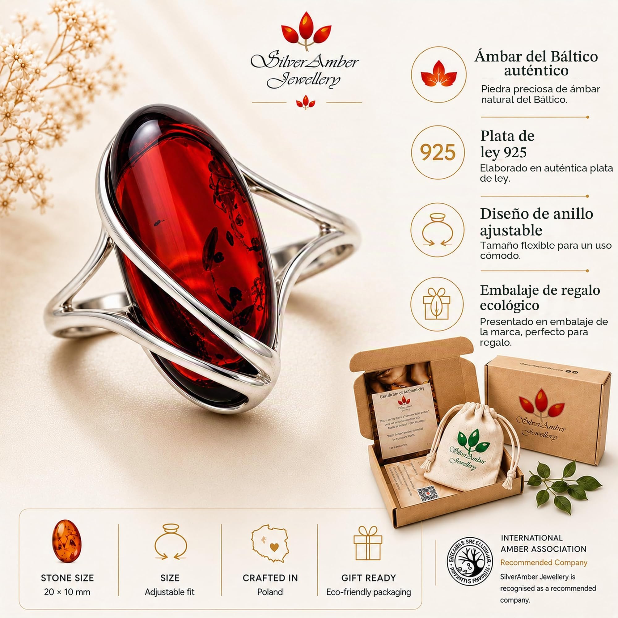 Anillo ajustable grande de plata de ley 925 y ámbar báltico - GL423