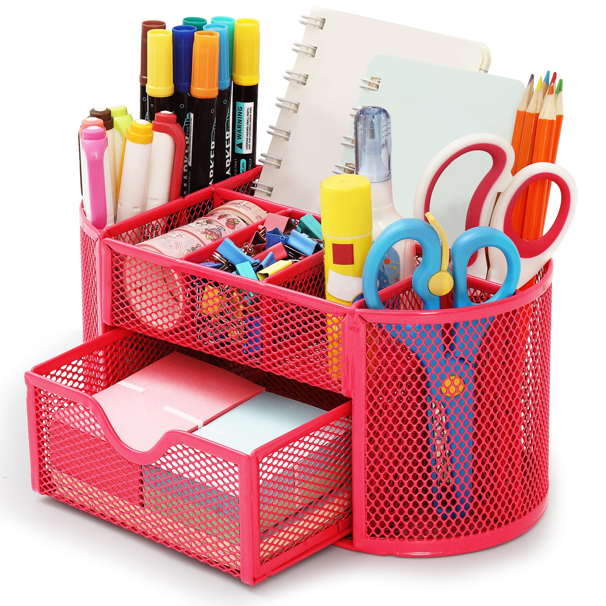 Chumix Organizer Scrivania, Porta Penne per Scrivania, Portapenne da Scrivania in Rete Metallica, Desk Organizer con Cassetto e Porta Penne, per Casa, Scuola, Uffici (Rosa)
