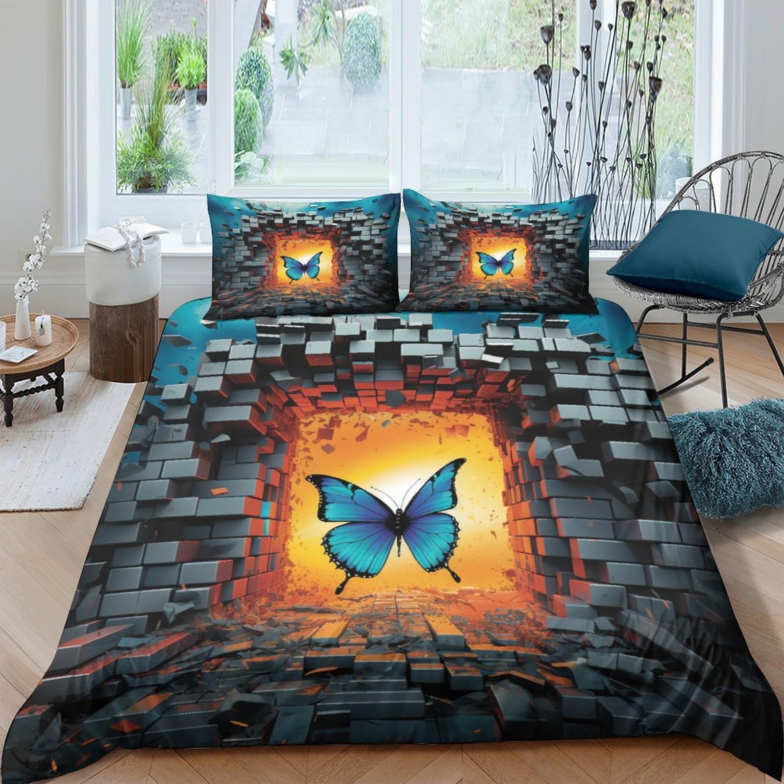 Housse de couette effet papillon parure de lit microfibre king size