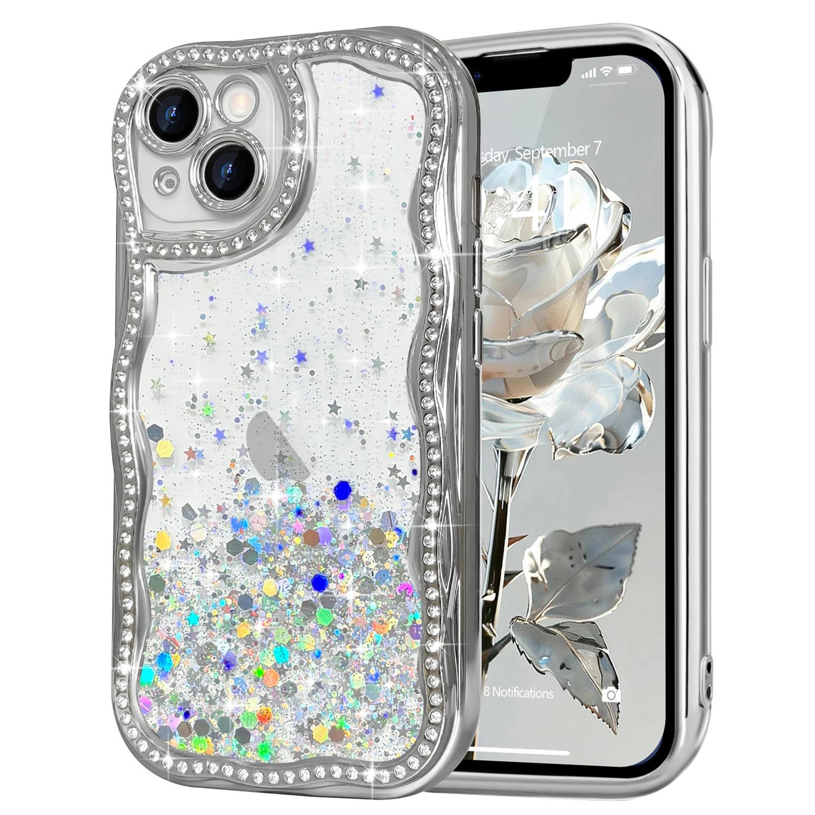 Funda para iPhone 14 con purpurina, bonito diseño rizado ondulado con diamantes de imitación brillantes para mujeres y niñas, funda protectora de lujo a prueba de golpes para iPhone 14, transparente
