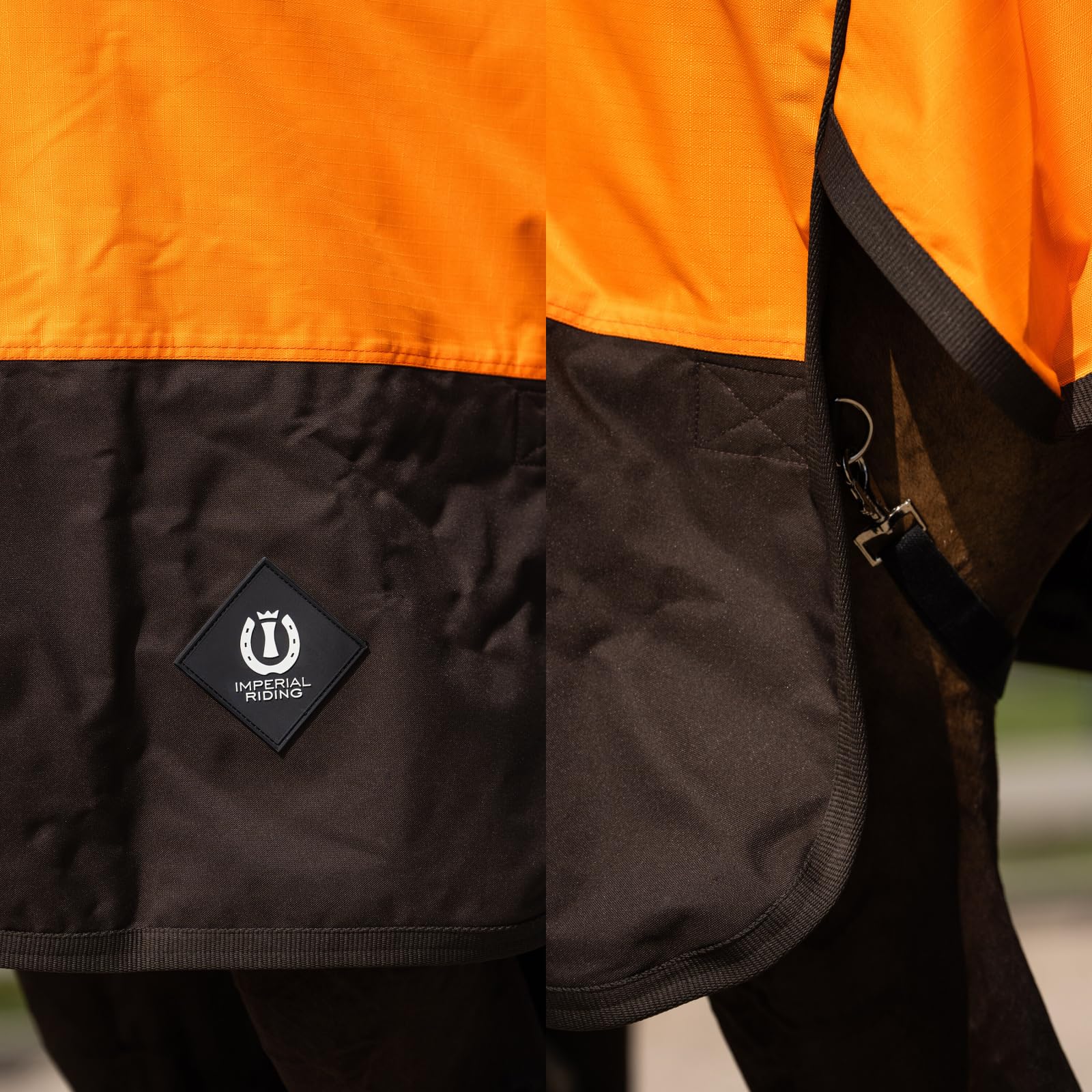 Imperial Riding - Outdoordecke High Neck 600D IRHCustomized – Regendecke – strapazierfähige & wasserdichte Weidedecke mit Baumwollfutter – Pferdedecke in Orange/Dark Brown – 145cm