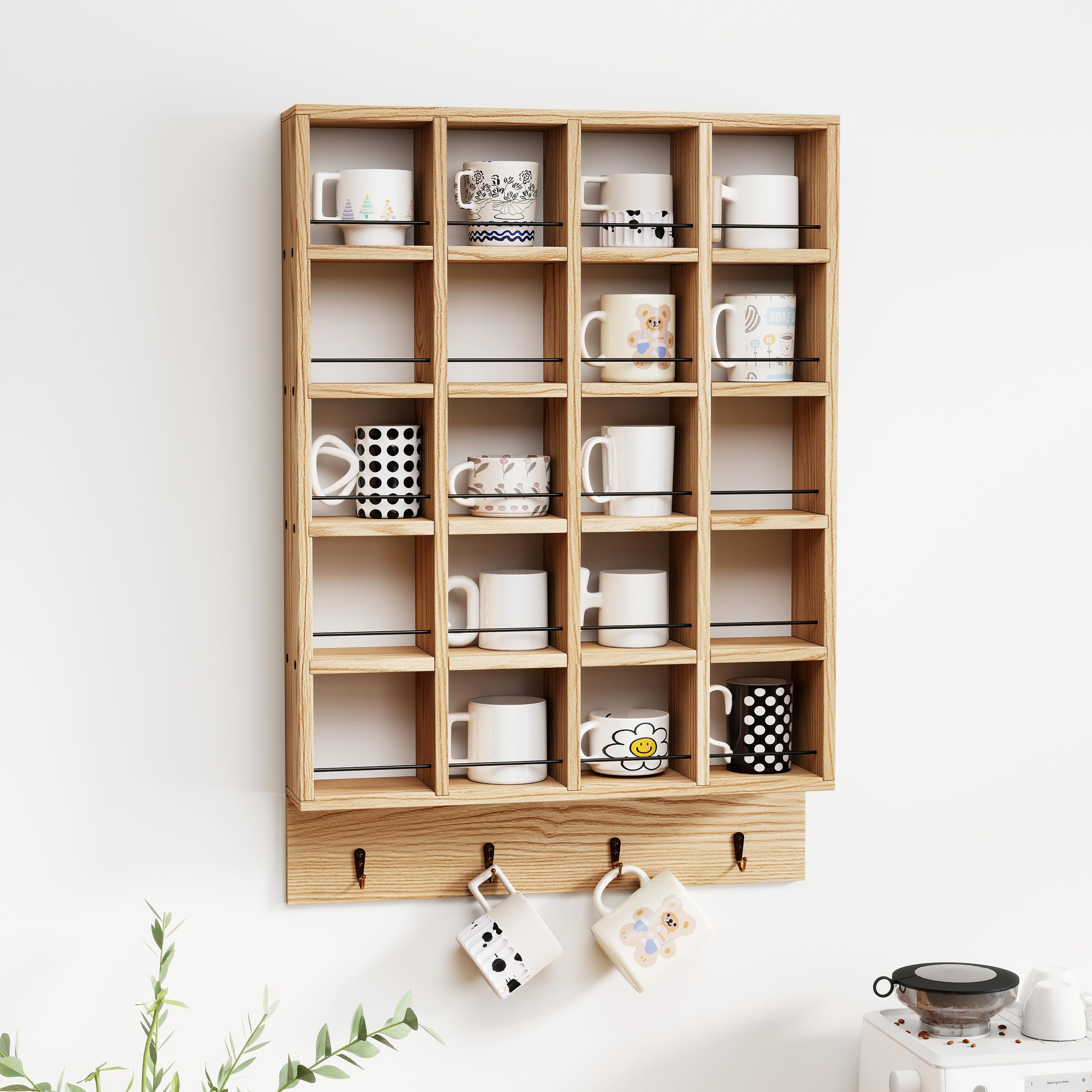bimiti Porte-Mugs en Bois Rustique, Étagère à Tasses à Café Murale
