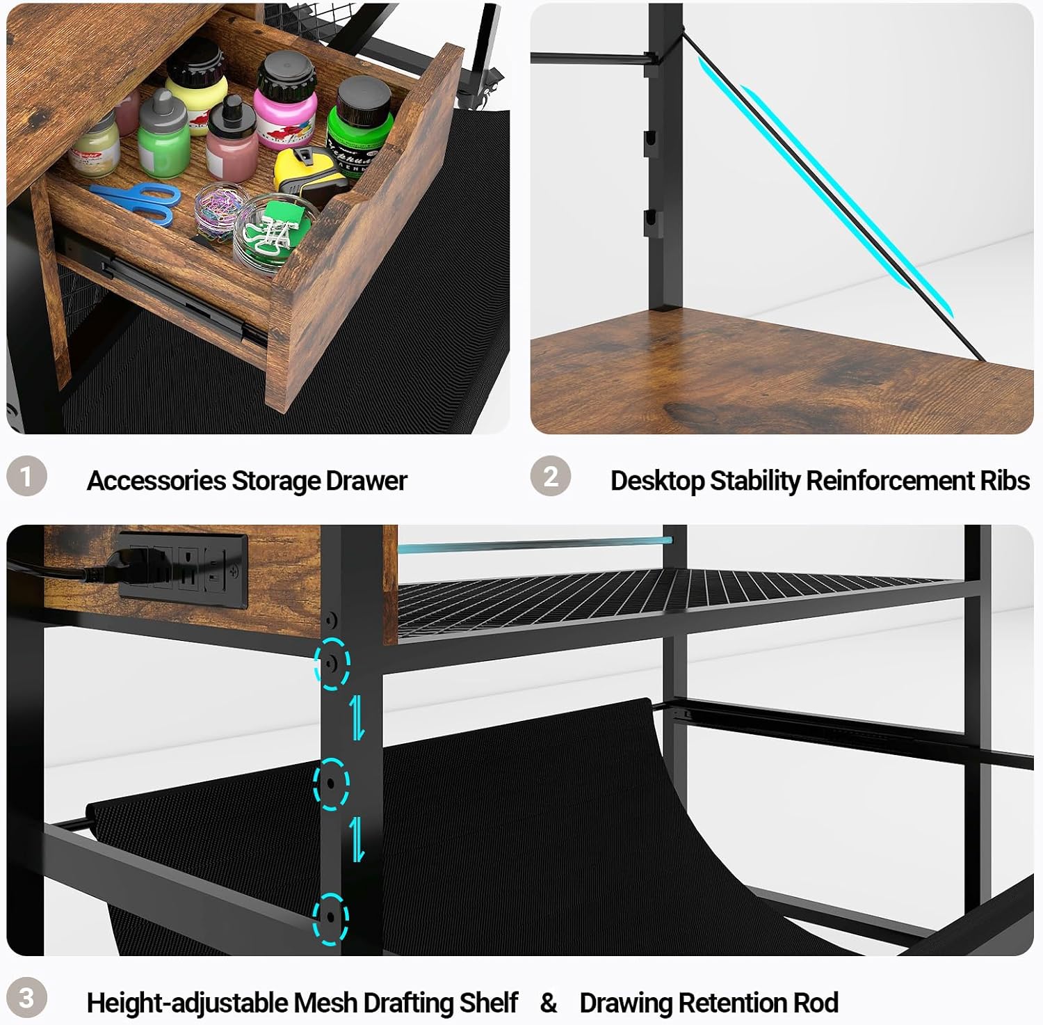 Natwind Wide Format Printer Stand, Plotter Workbench Table with Pull-Out Drafting Storage, Roll Paper Holder, Accessory Drawer, Adjustable Storage Shelf for Plotters and Cutting Machines (Retro)