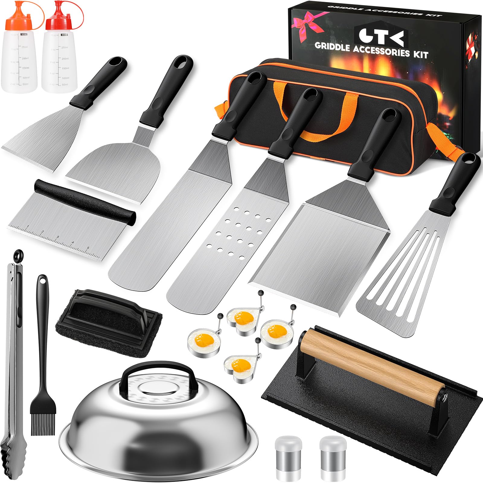 Leteuke Griddle Accessories Kit for Blackstone, 22 Pcs Flat Top Grill Accessories Set for Camp Chef, Grill Accessories with Enlarged Spatulas, Burger Press, Scraper and Carry Bag, BBQ Gifts for Men