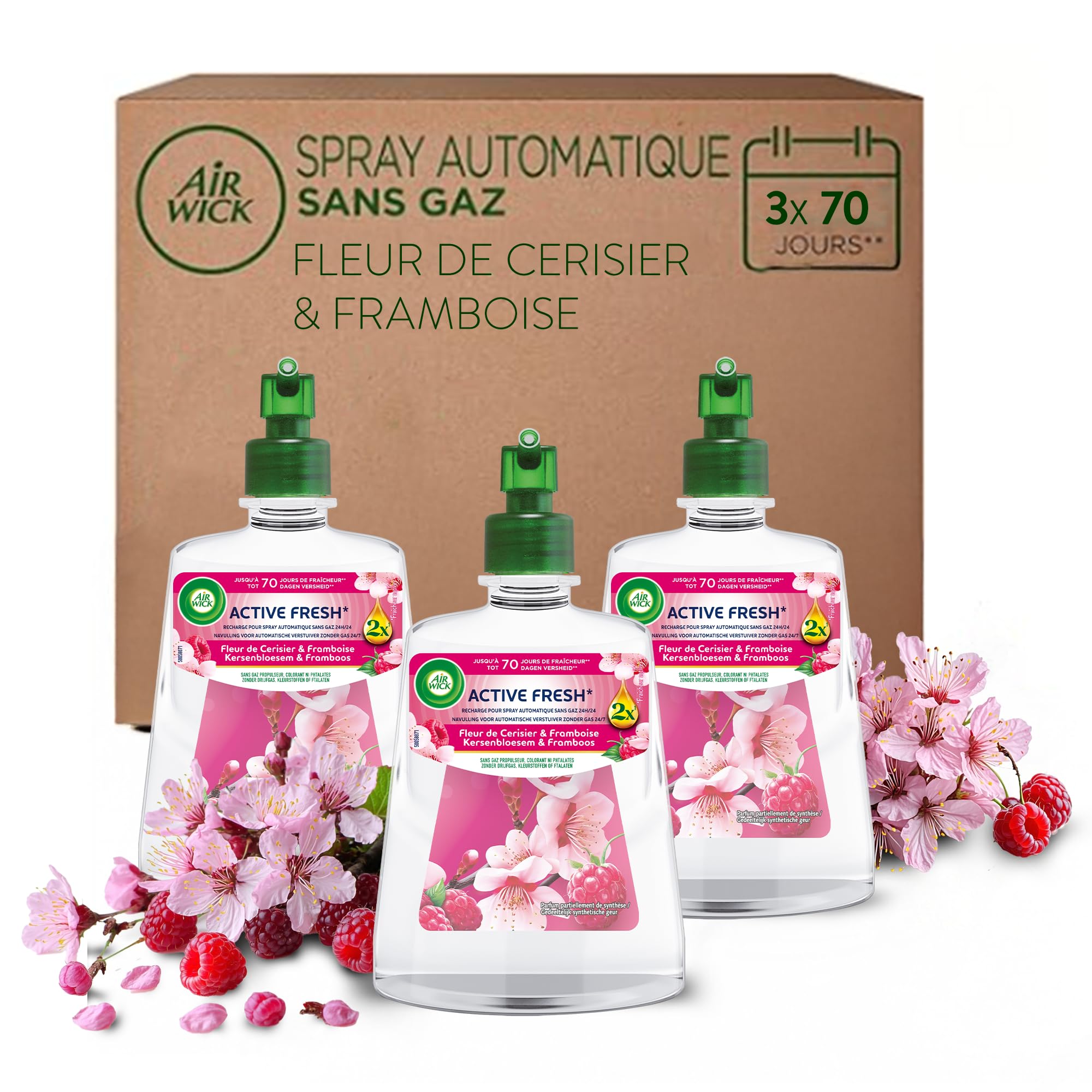 Air Wick Désodorisant Maison Spray Automatique Sans Gaz Active Fresh - 3 Recharges Parfum Fleur de Cerisier & Framboise