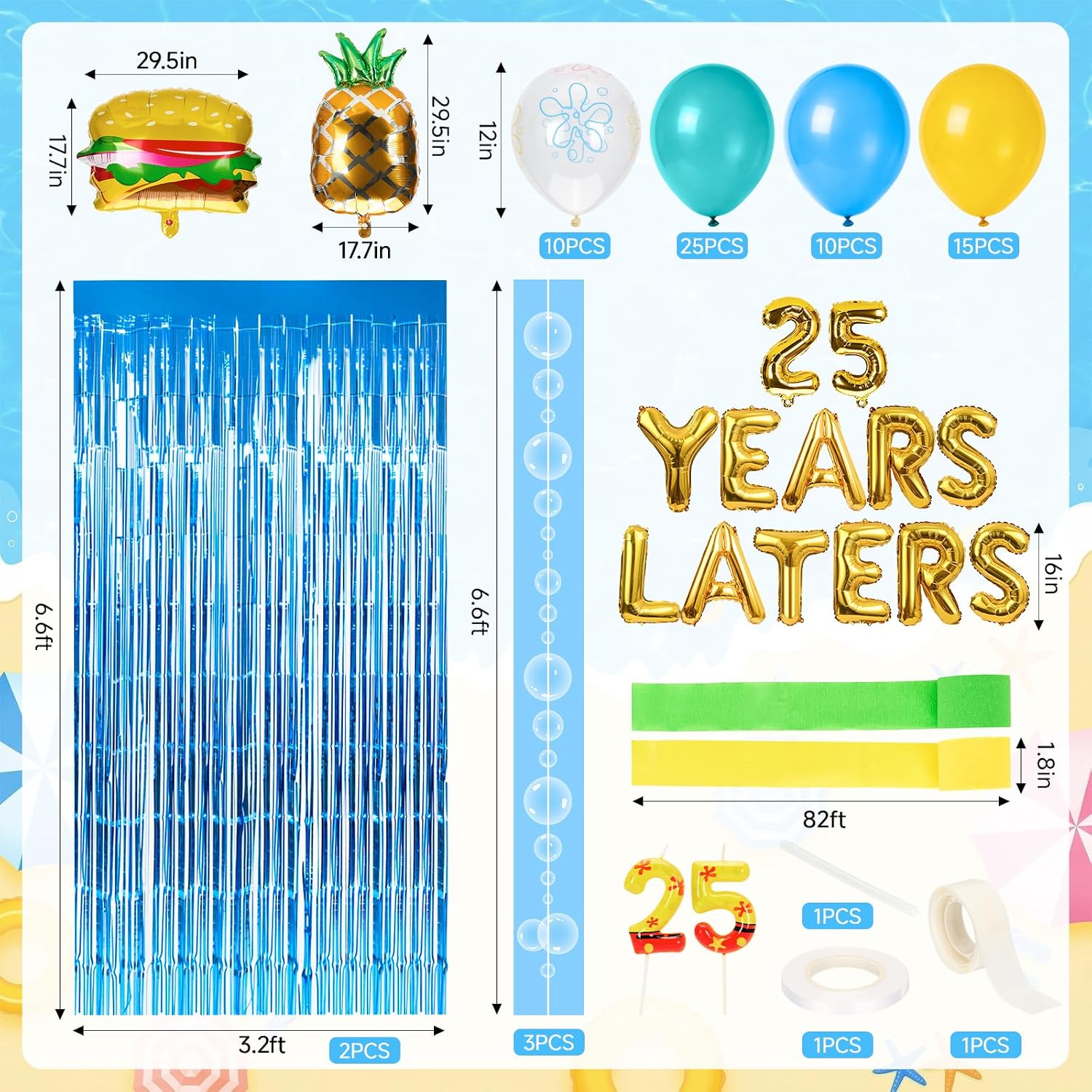 25th Birthday Decorations Supplies - 25 Years Later Letter Balloons Set Hamburger Pineapple Balloons Backdrop Bubble Garland Blue Foil Fringe Curtains and Crepe Paper for Ocean Theme Party