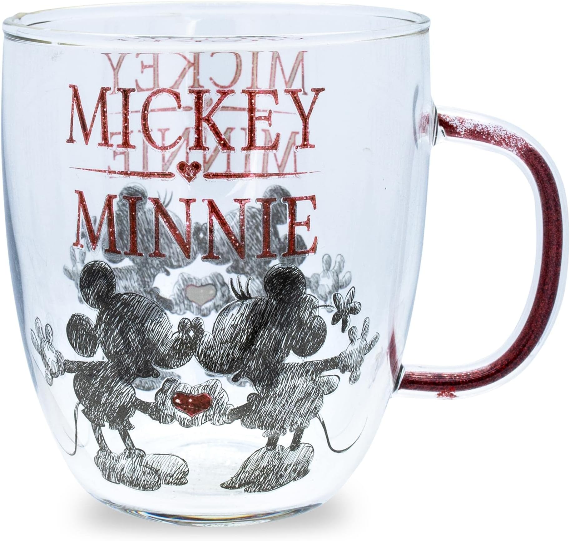 Disney Mickey and Minnie Kiss and Heart Hands Glitter Handle Glass Mug, 14 Ounces