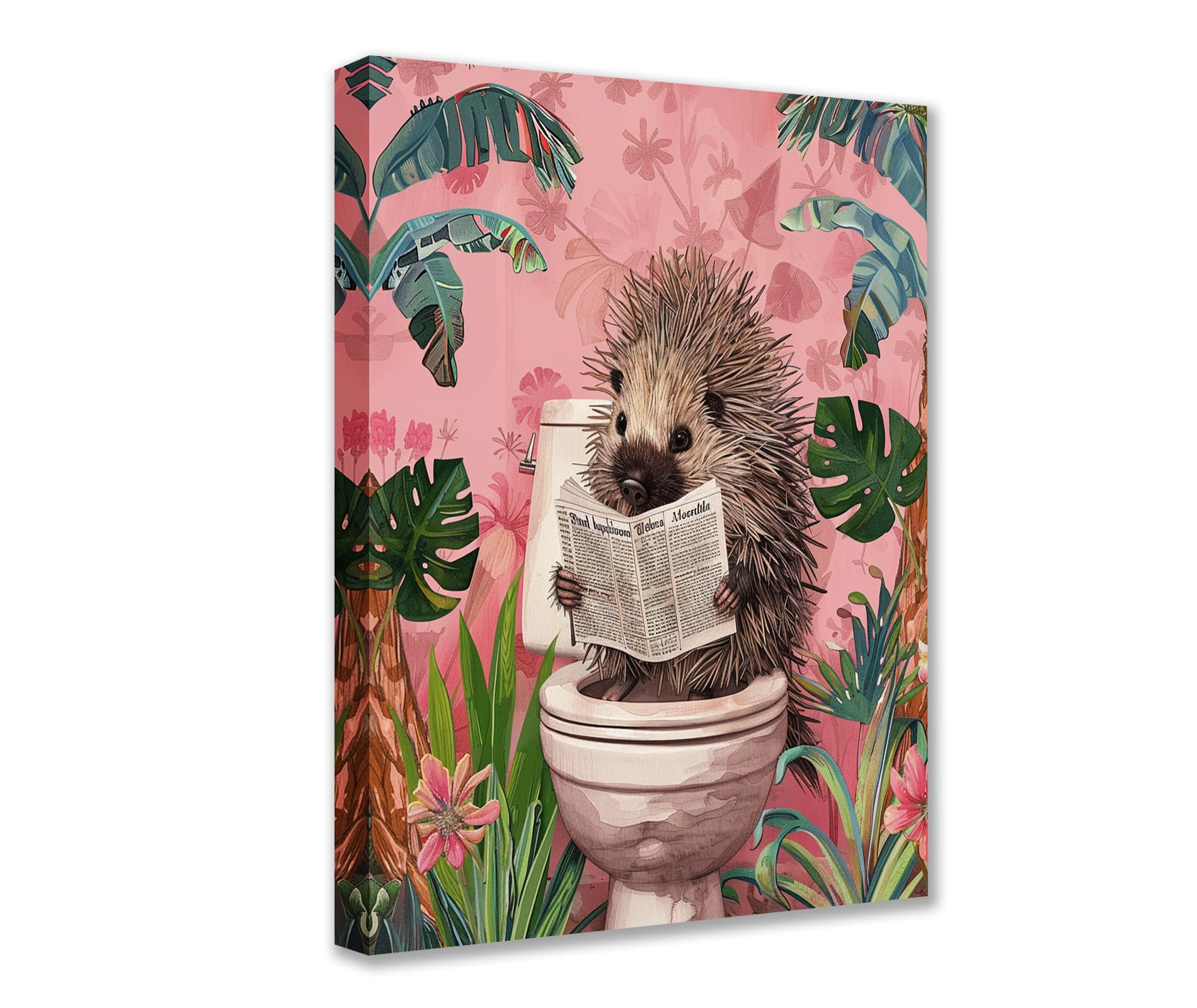 Cute Porcupine on Toilet Canvas Wall Art Animal Read Newspaper Picture 1P Tropical Plant Posters Prints Cute Modern Artwork for Living Room Bedroom Home Decor Framed Gallery-Wrapped Ready to Hang