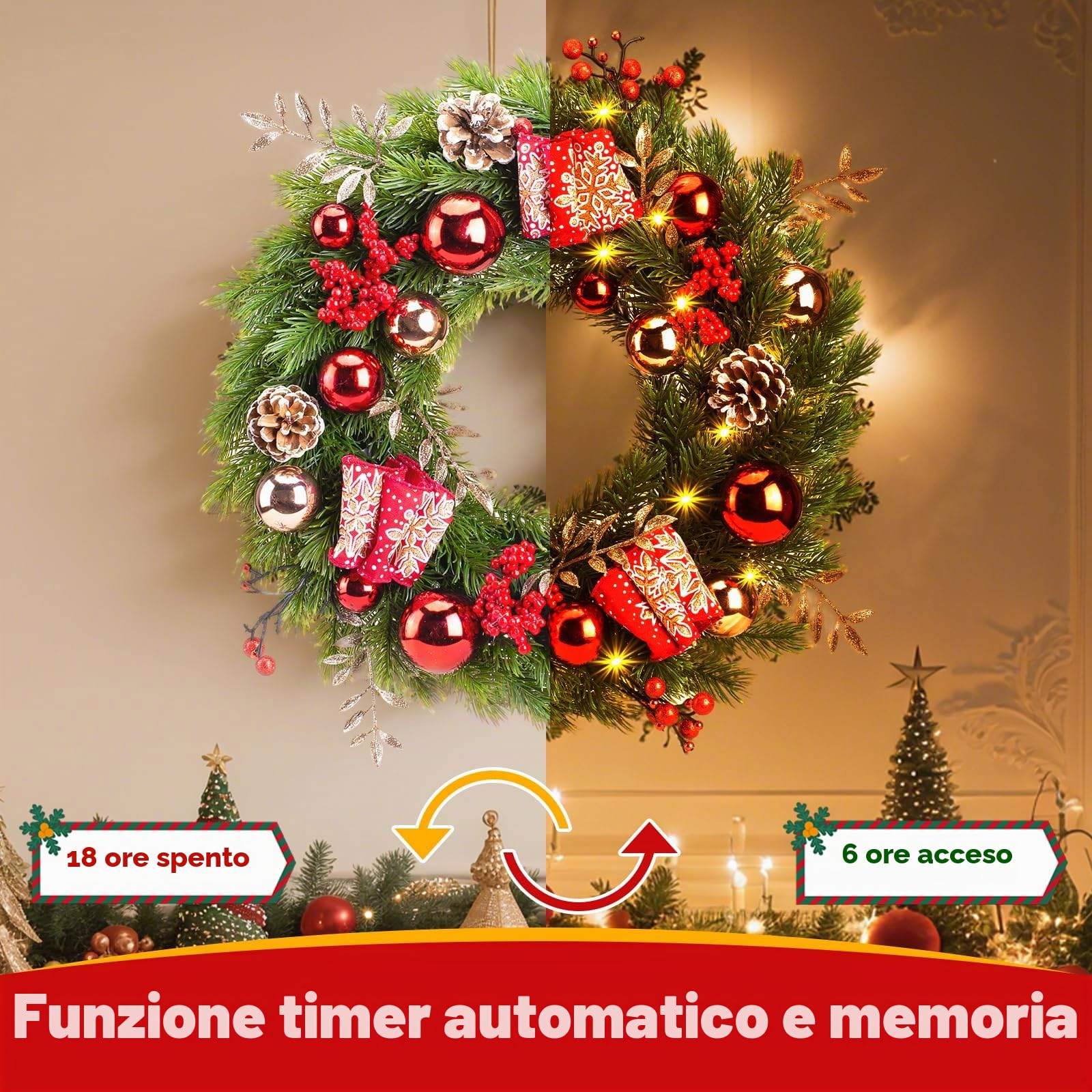 GlobaLink Ghirlanda natalizia da 40 cm, con 40 LED Adornos Navideños Regalos Corona de Navidad de 40cm, 40LED, Christmas Door Wreath Navidad Corona para Chimeneas, Ventanas, Puertas, Paredes-Piña
