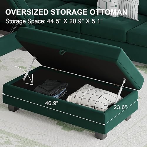 Miniatura 5 de Belffin Banco otomano de almacenamiento rectangular de gran tamaño con almacenamiento tapizado de terciopelo capitoné, banco otomano para sala de