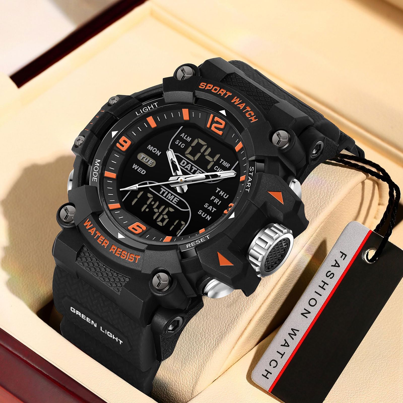 findtime Reloj analógico digital para hombre, reloj deportivo para exteriores, esfera grande, resistente al agua, 5 ATM, iluminación LED, relojes militares para hombres con despertador, fecha