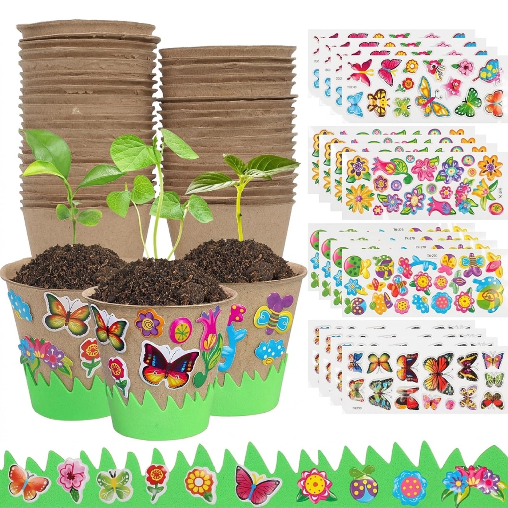 Tapallmy Kids Plant Growing Kit 30 Peat Pots with 20 Fun Stickers & 6 Fences Creative Garden Kit for Kids Gardening Mother's Day Craft Favor