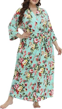Womens Plus Size Long Robe Floral Full Length Bathrobes Kimono Dressing Gown Sleepwear Maternity Delivery Robes with Pocket, Mint/floral, 2X