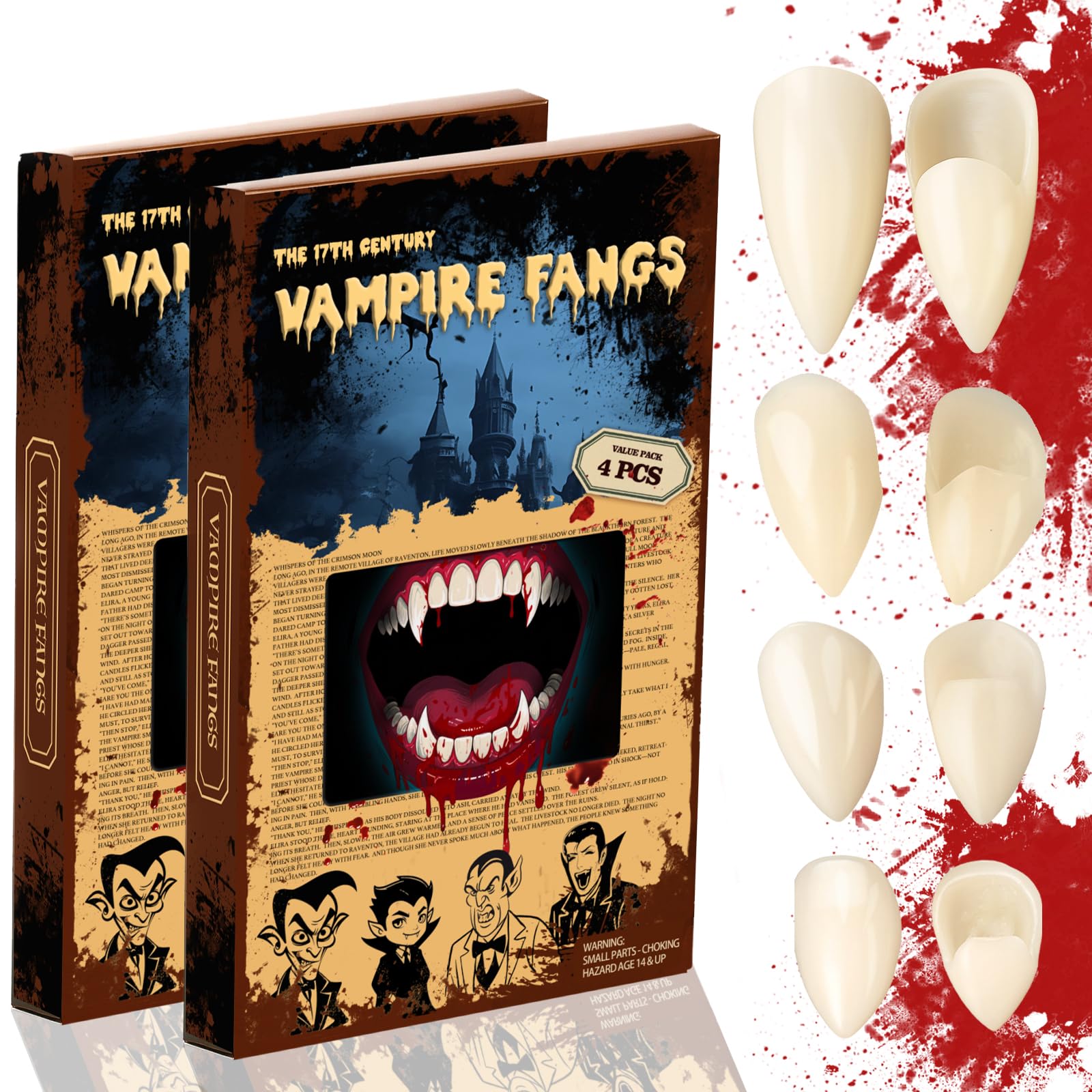 Vampire Teeth Fangs for Adults & Kids  Halloween Vampire Fangs for Cosplay with Adhesive, Vampire Accessories for Men Women (13+15+15+17mm)