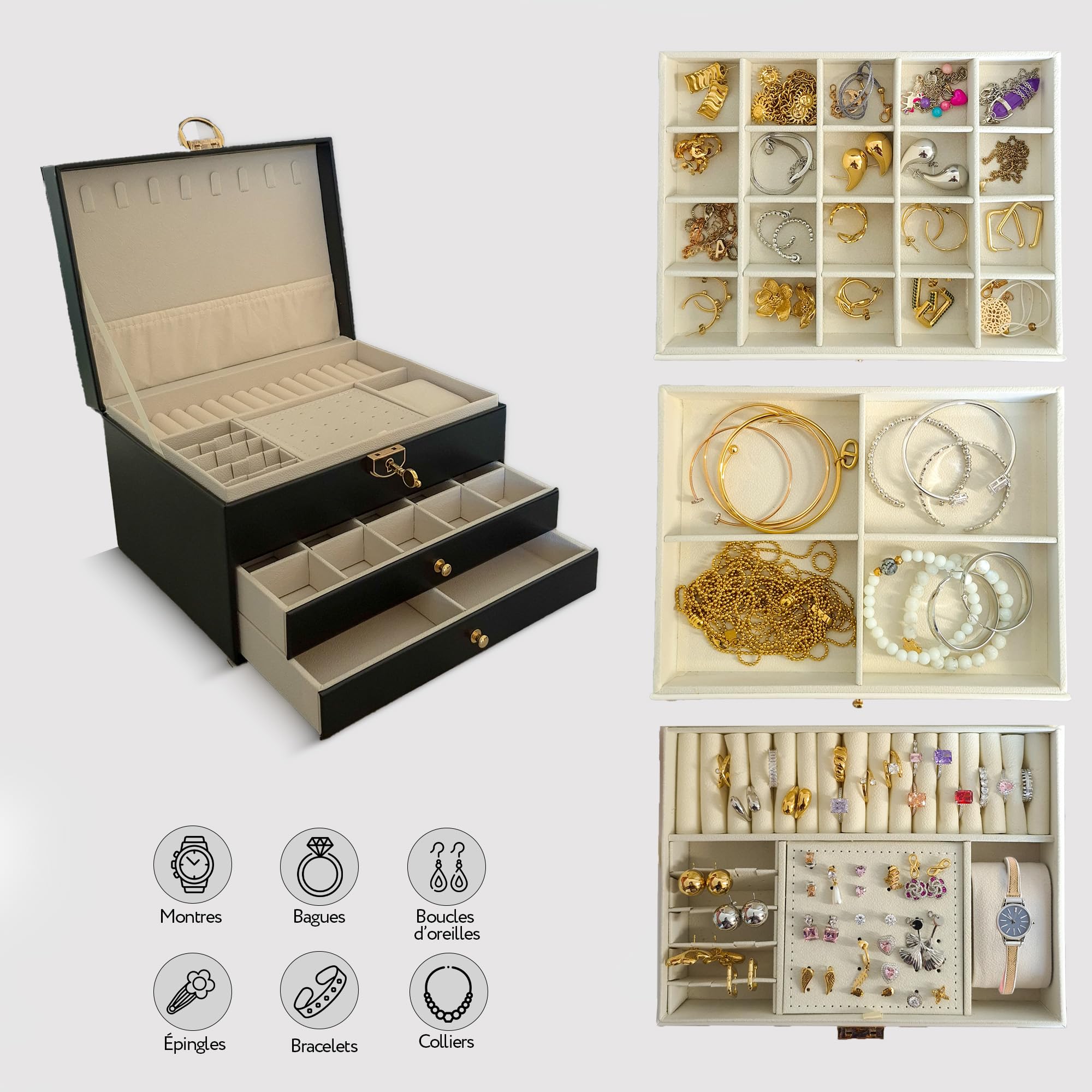 BS Boîte à bijoux pour femme et fille | Boîte à bijoux personnalisée avec prénom, pour cadeau - fête | Rangement bijoux verrouillable à clé, en cuir végan, organisateur bijoux (Noir)