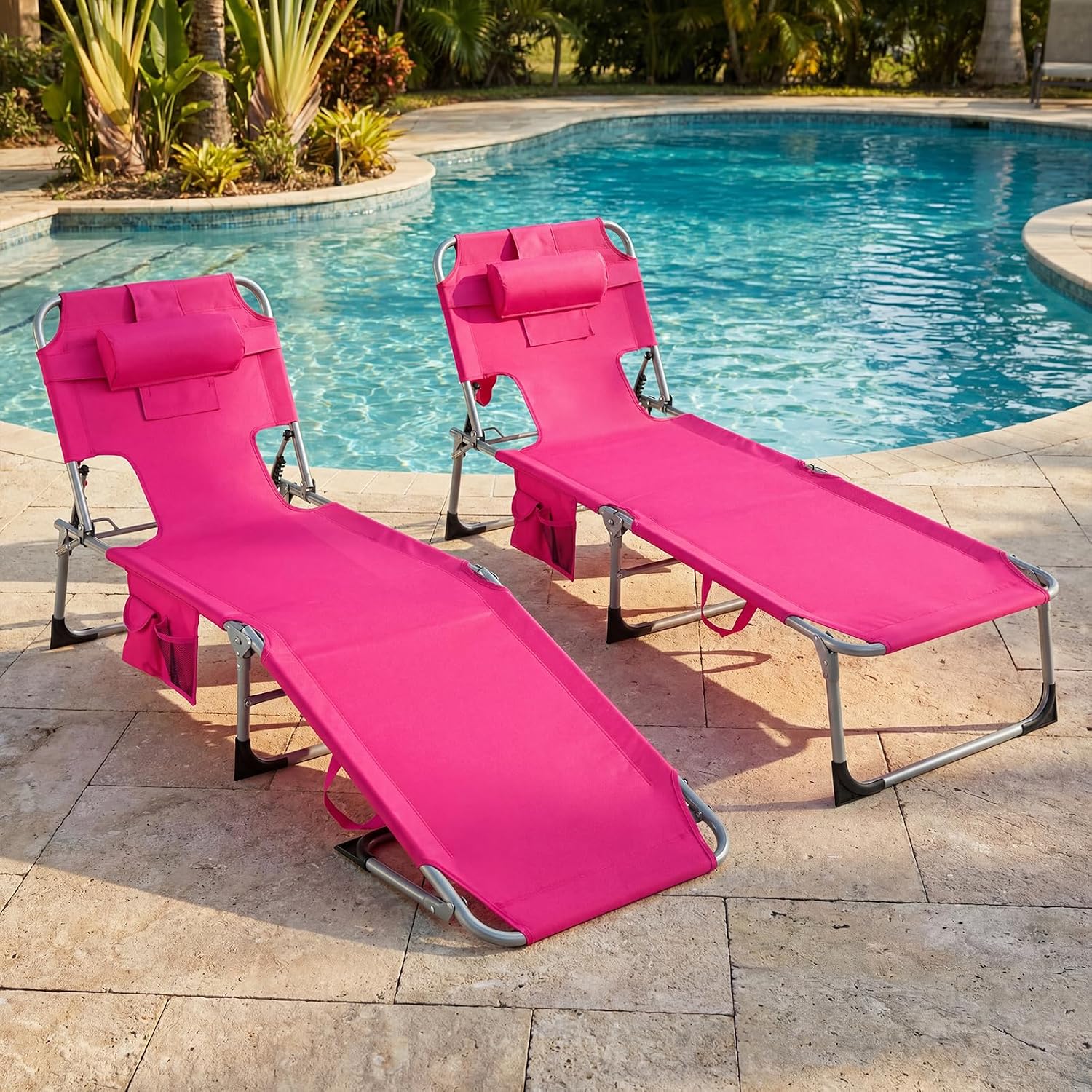 LDAILY Moccha Folding Tanning Chair, Beach Lounger with Face Hole, 5-Position Adjustable Backrest, Side Pocket, Removable Pillow, Portable Bench Lounge Chairs for Outside Patio Pool Lawn (1, Pink)