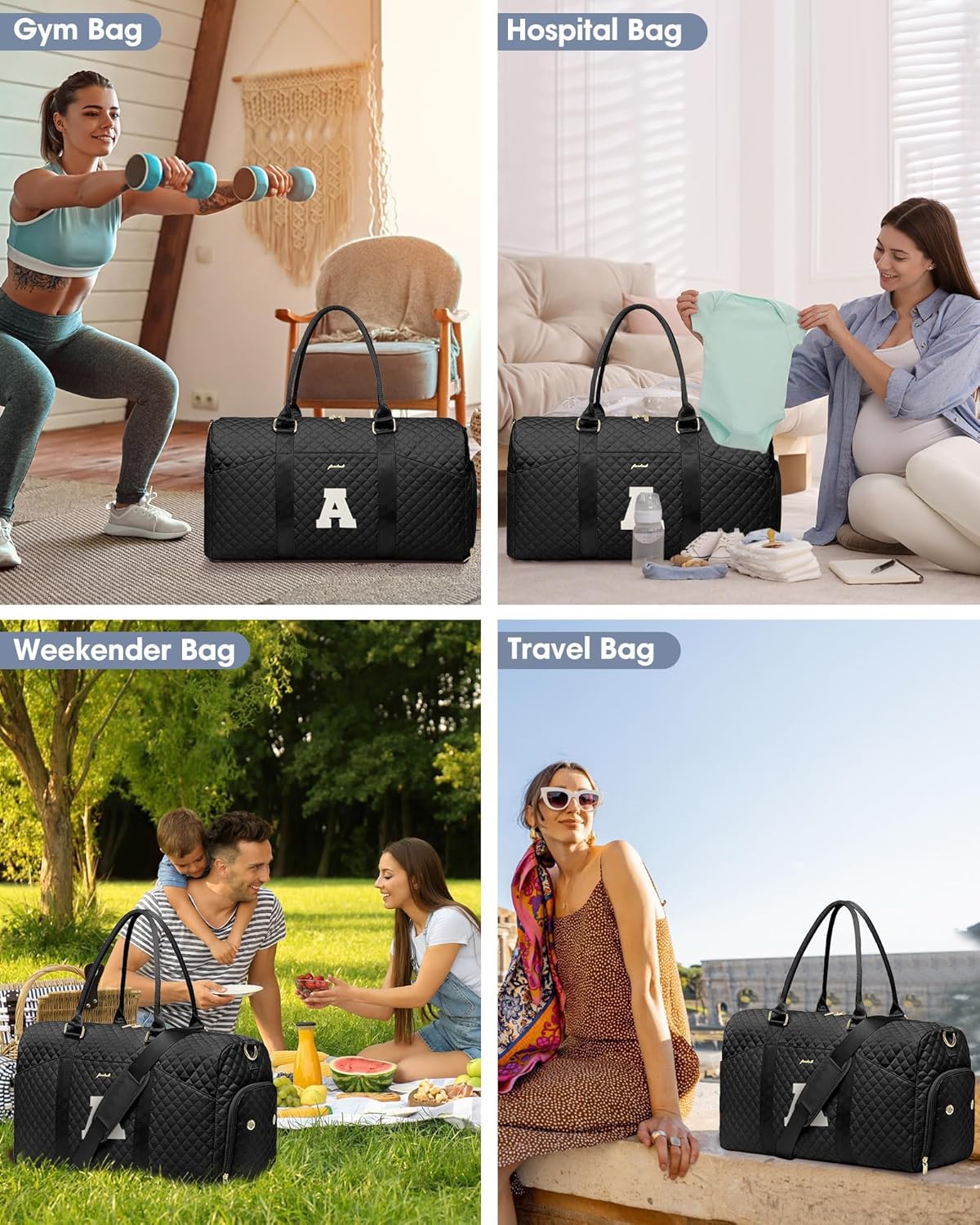 Women Weekender Travel Duffle Bag: Initial Duffel Overnight Bags with Shoe Compartment Large Carry on Tote with Toiletry Bag Weekend Traveling Yoga Gym Hospital Bag for Women with Wet Pocket Letter A - Image 8