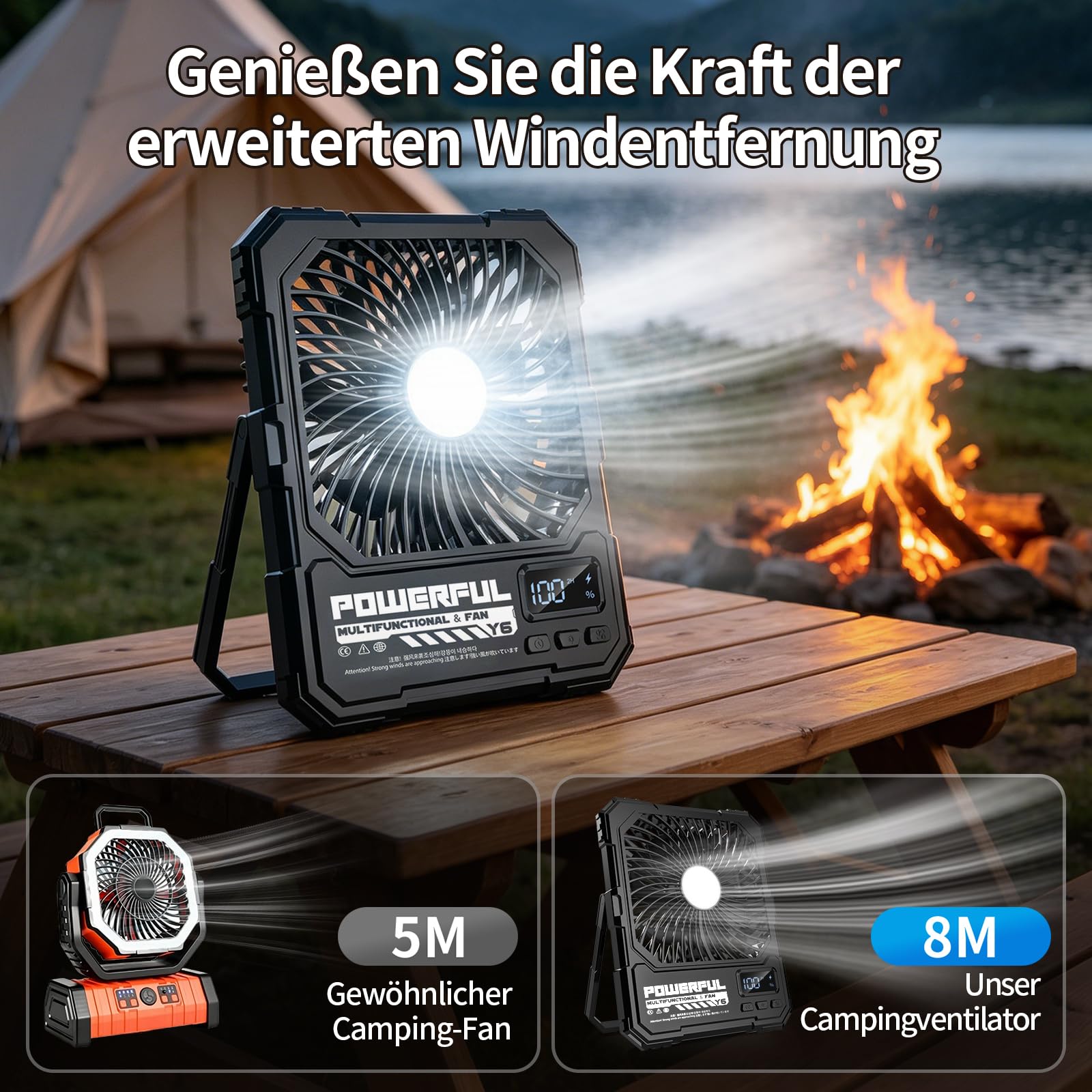 yAyusi 20000mAh Akku Ventilator Camping mit Lampe,Tragbarer Reise Ventilator mit Fernbedienung Timer Ultra-Leise Ultraflach 5 Stufen 17-82 Std Laufzeit, USB Tischventilator für Outdoor/Zelt/Haus