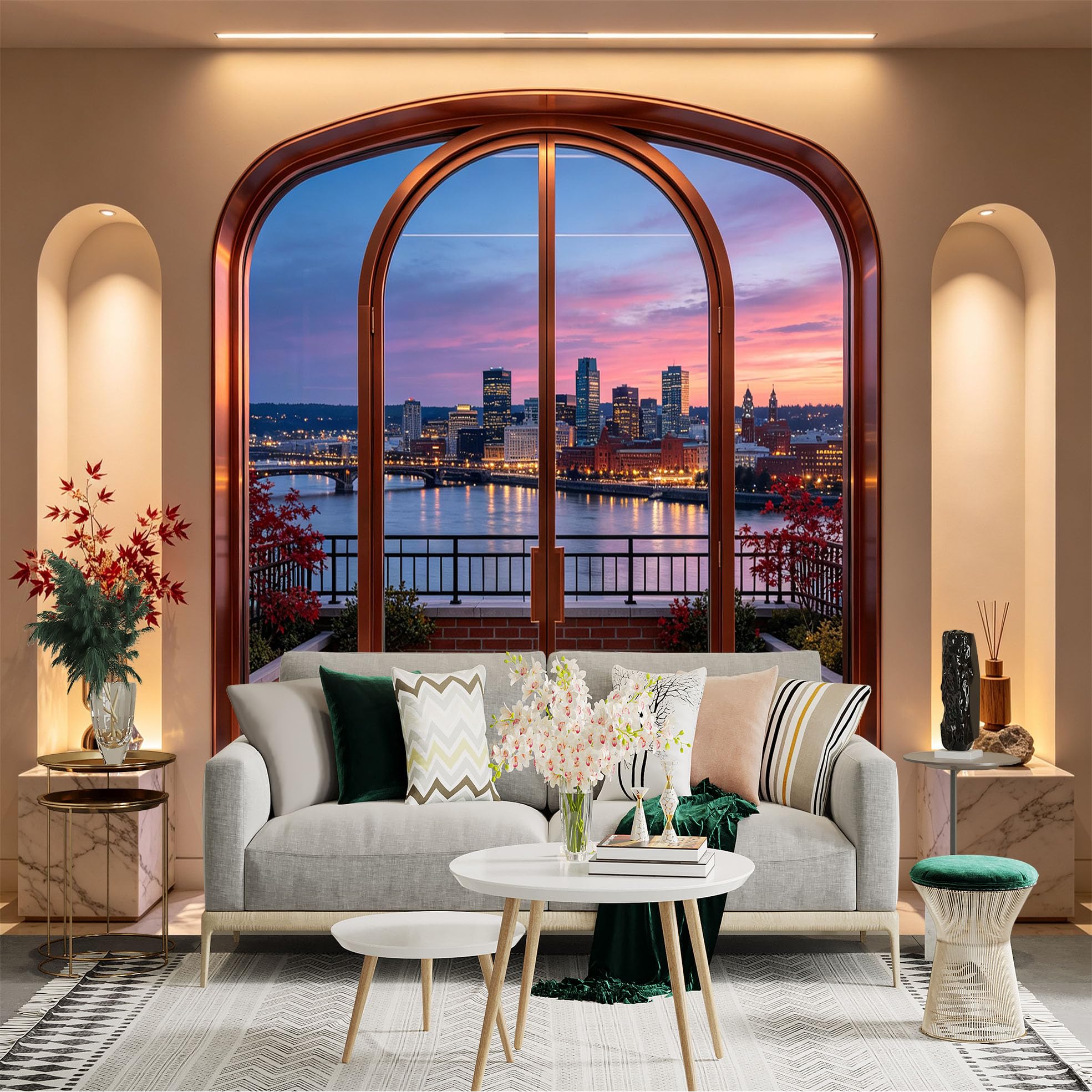 Custom Size Wall Sticker Mural， Sunset City Skyline River View Through Arched Window， for wall Decoration， peelandstick wall Decals.