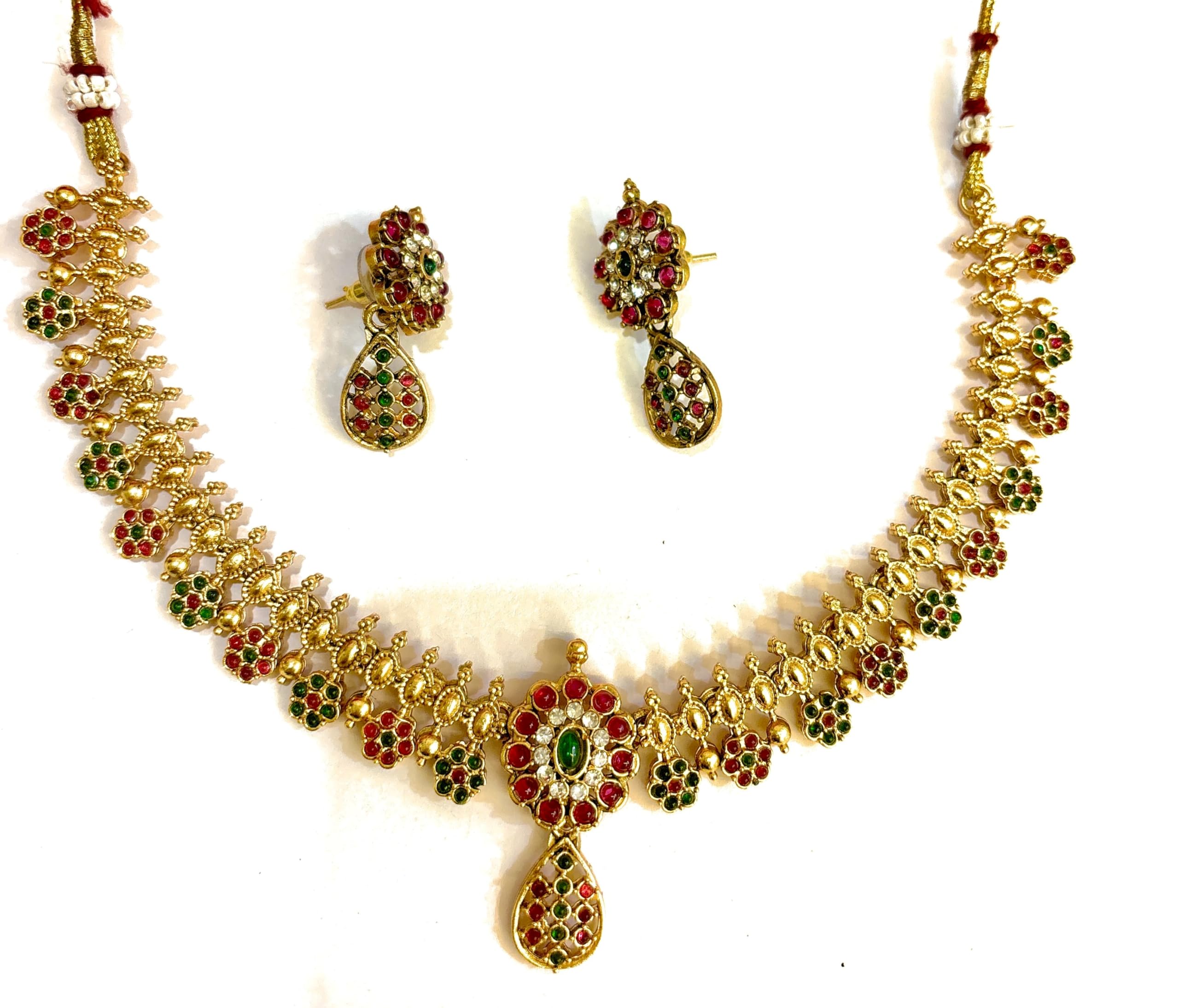 Adyashree Emporium Pearl Lakshmi Lotus Flower pattern Gold plated Emerald Green & Ruby Temple Jewellery Latest Fashion Necklace Set For Women (B0CHMYRLK7) Amazon Price History, Amazon Price Tracker