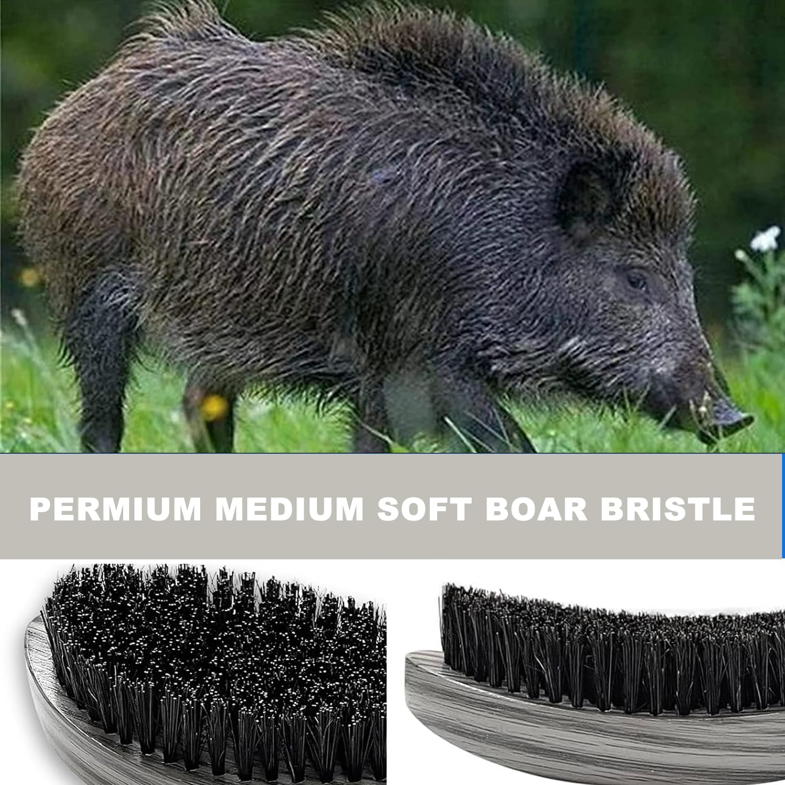 Premium Griff Wellenbürste für Männer 360 – mittelhart gebogene 360 Wellen-Haarbürsten – Hergestellt aus Naturbuche & Nylon-Wildschweinborsten Herrenhaarbürste für schwarze Männer 360 (grauer langer