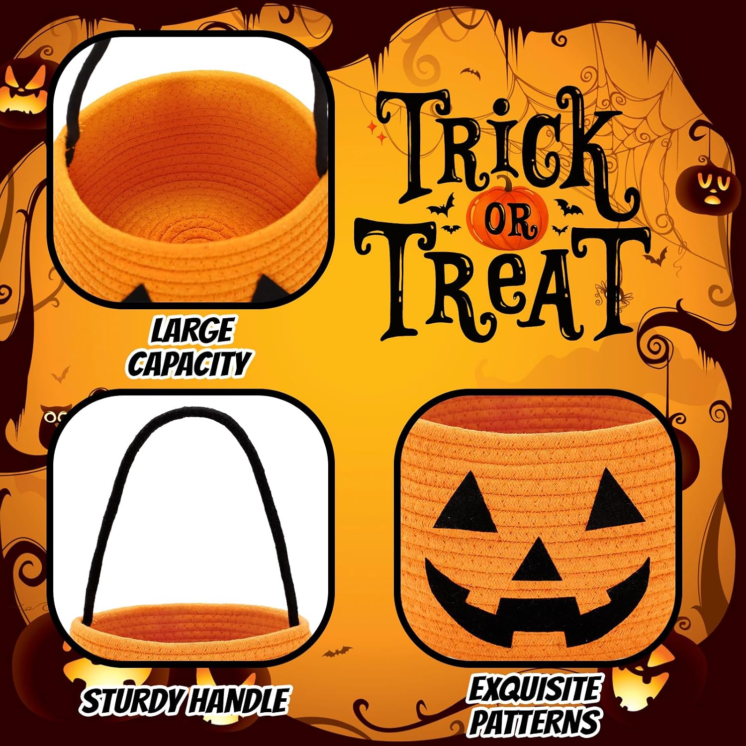 JarThenaAMCS Halloween Candy Bucket with Handle Orange Pumpkin Face Cotton Woven Basket Portable Trick or Treat Basket for Halloween Holiday Party Decoration, Set of 2 image 3