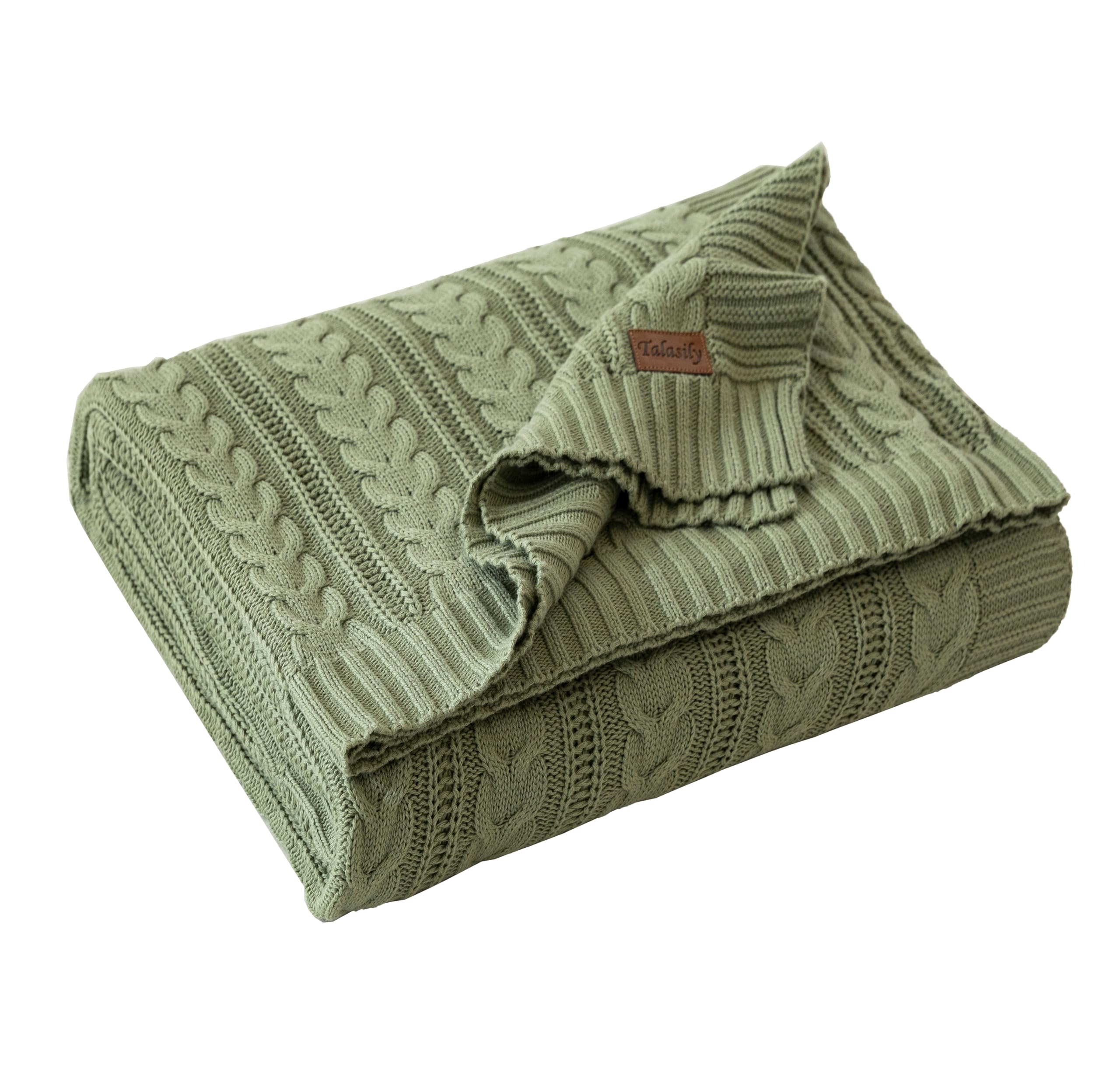 Talasily Strickdecke 150x200cm 100% Baumwolle Oeko-TEX, leichte Ganzjahresdecke Zopfmuster, atmungsaktiv weich für Frühling Sommer Herbst, Tagesdecke für Bett & Sofa, Wohnaccessoire Grün