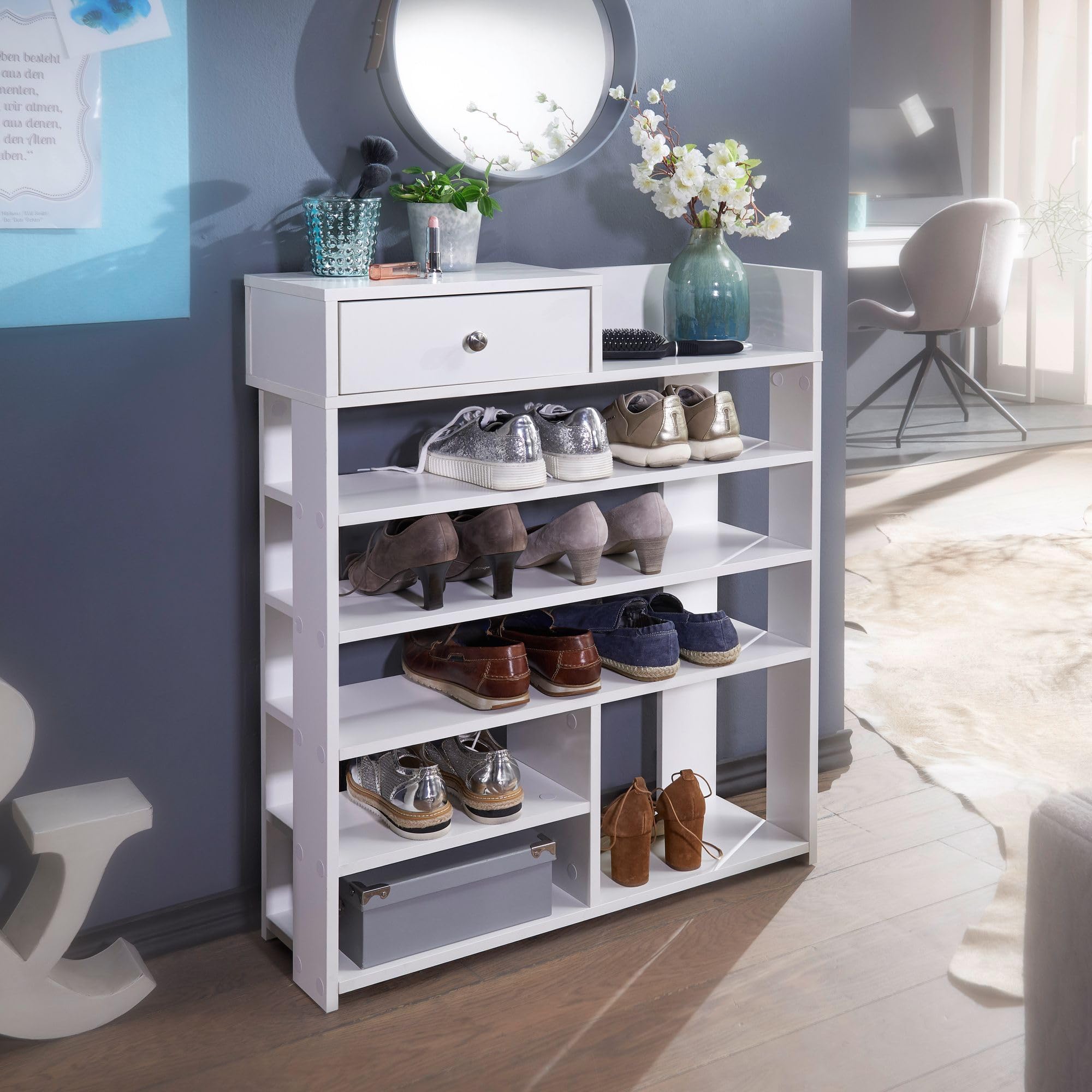 WOHNLING Regał na Buty 75x24x92,5 cm Biały z Szufladą, 7 Przegrody | regał do przedpokoju wysoki do wiele par butów, regał stojący ze schowkiem, półka na buty otwarta do przedpokoju i korytarza