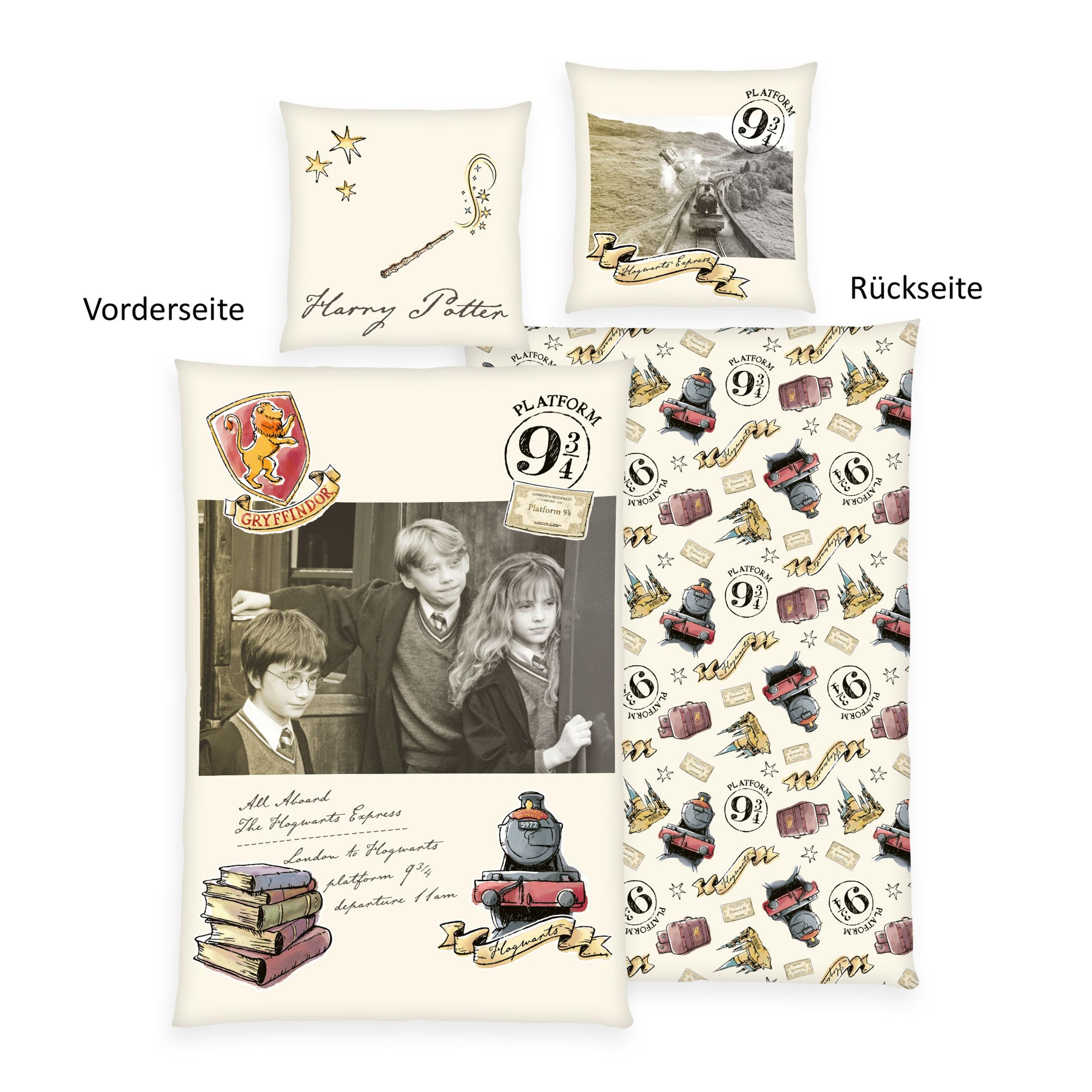 Herding Set di Biancheria da Letto Harry Potter, Federa 80 x 80 cm, Copripiumino 135 x 200 cm, Con Bottoni, 100% Cotone/Lino