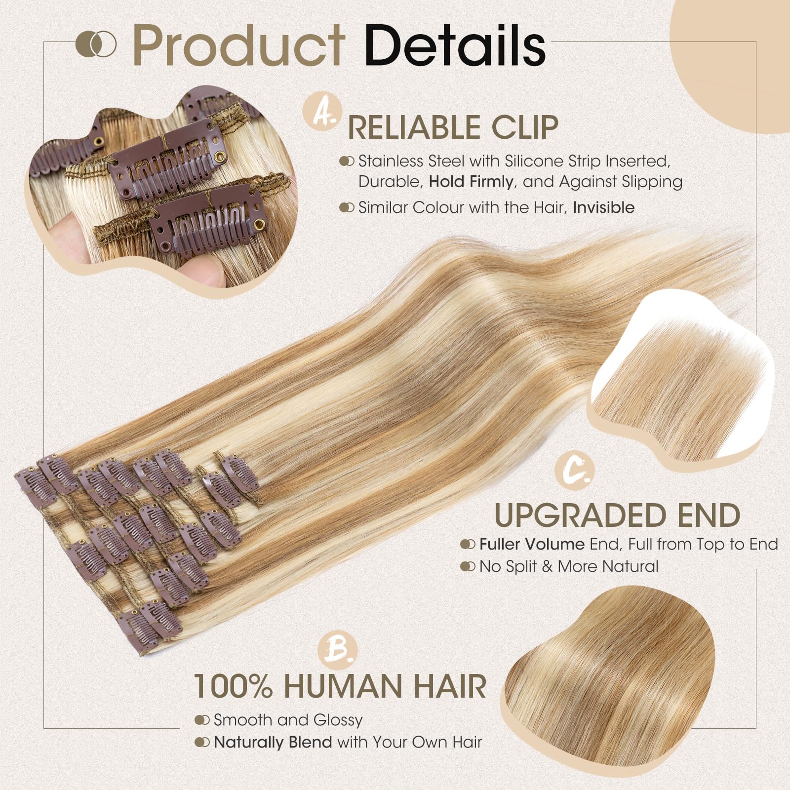 Elailite Hair Extensions Clip in Real Hair Remy Human Hair Full Head, 8 Pcs Invisible Thin Weft - Image 3