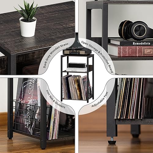 Miniatura 4 de LELELINKY Mesa auxiliar de granja, soporte para tocadiscos de 3 niveles con almacenamiento de hasta 100 álbumes, soporte para tocadiscos, color gris