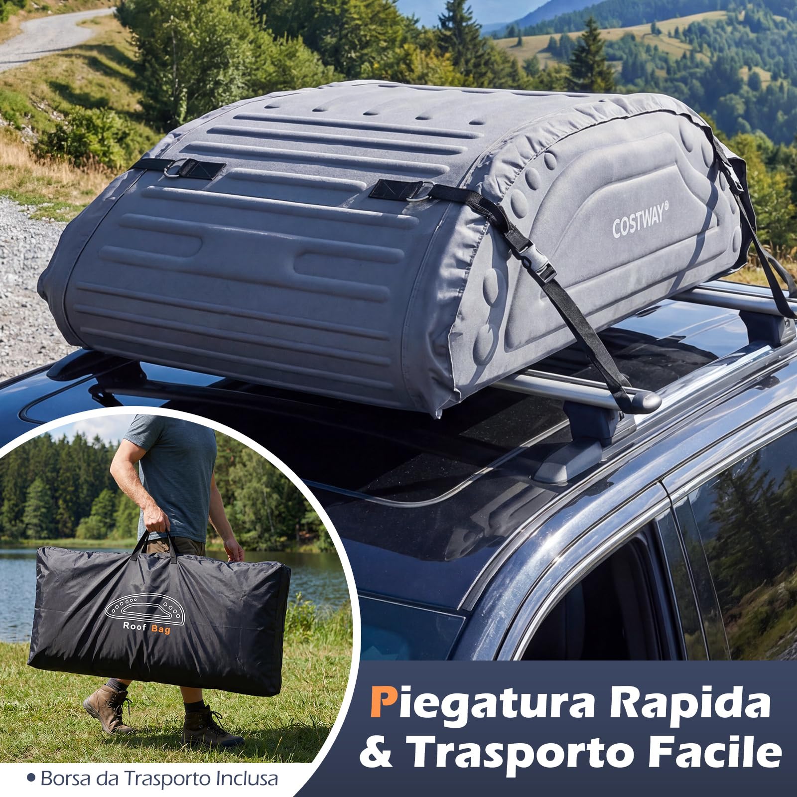 COSTWAY Borsa da Tetto per Auto Impermeabile 14Cu.Ft/400L, Box Tetto Universale Pieghevole con Borsa+ 4 Cinghie Rinforze+ 4 Ganci, Portabagagli per Tutti i Veicoli con/senza Barre Portapacchi (Grigio)