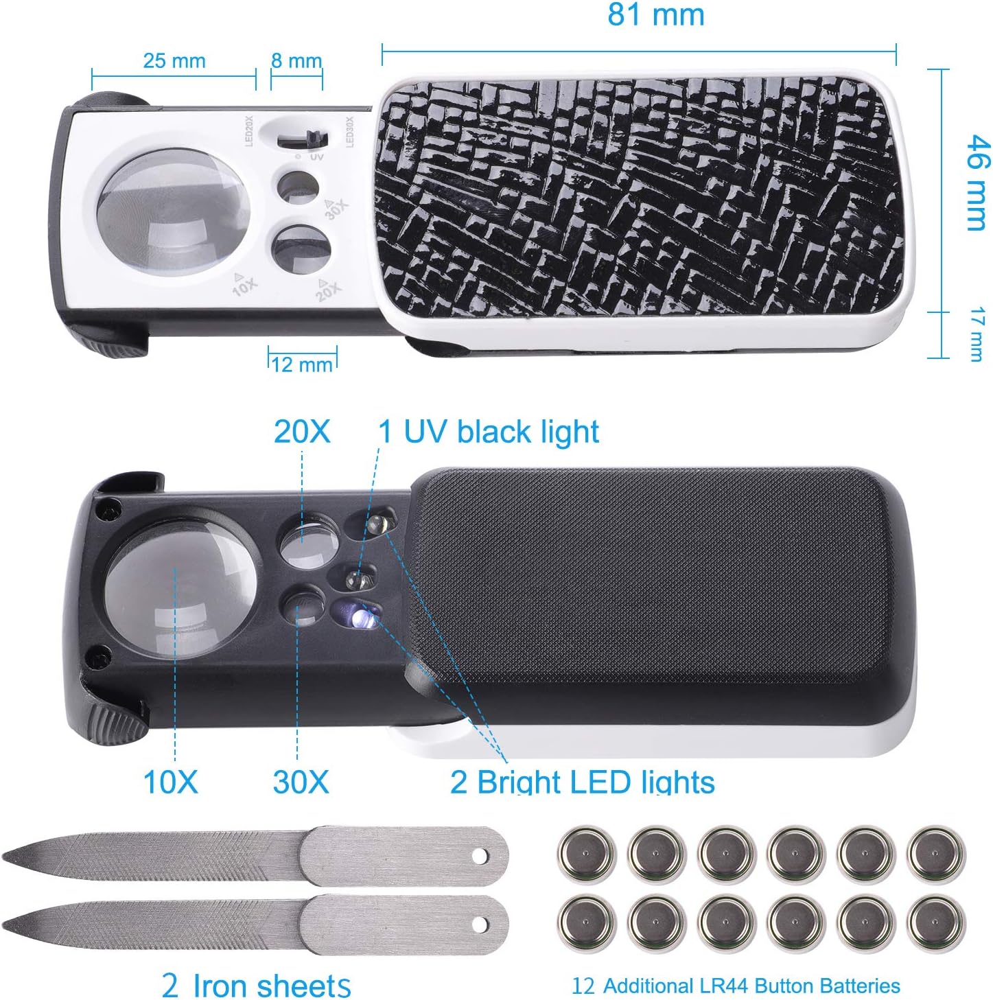 JARLINK 2 Pack LED Slide-Out Jewelers Loupe, 10X 20X 30X Illuminated Multi-Power Jewelers Eye Loop Magnifier with UV Black Light for Gems, Jewelry, Coins, Stamps, etc (White & Black)
