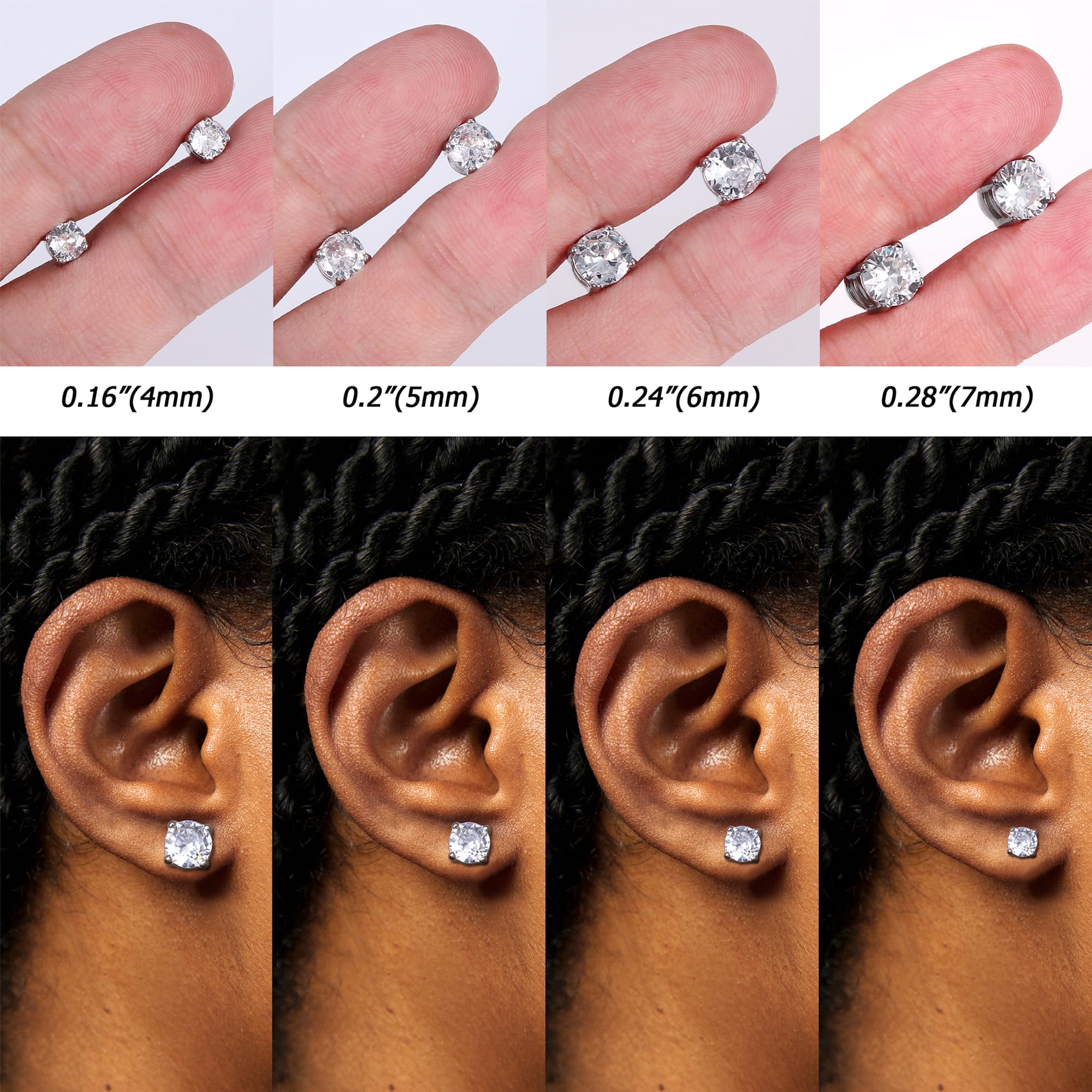 4 Paar magnetische Ohrstecker aus Edelstahl für Männer und Frauen, runde/quadratische CZ-eingelegte magnetische Ohrringe, Nicht durchdringende CZ-Ohrstecker zum Anklipsen, 3 Farben, 4–7 mm