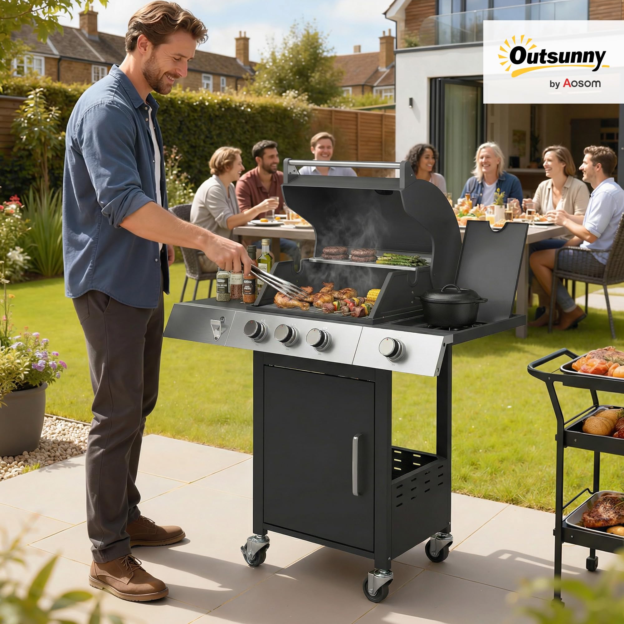 Outsunny Barbecue a Gas con 3+1 Bruciatori da 10.5 KW, BBQ a Gas Propano Portatile con Griglia, Ripiani Laterali, Vaschetta per Grasso, Armadietto, Termometro, Apribottiglie, Ruote, per Giardino, Nero