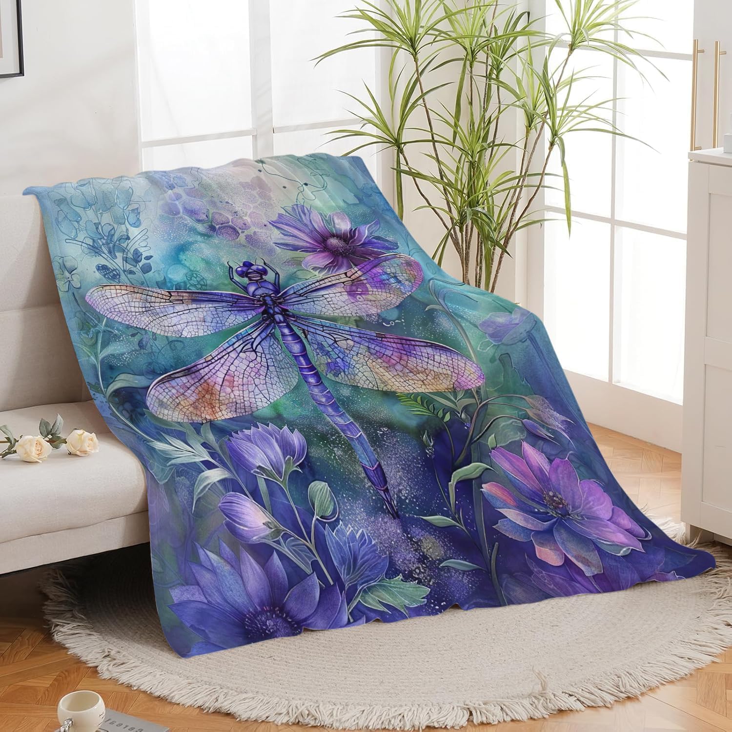 Dragonfly Blanket Soft Cozy Watercolor Dragonfly Fleece Throw Blanket Warm Lightweight Purple Flowers Flannel Plush Stuff Decor Blankets Gifts for Lover Girls Boys Kids Women Adults Bed Travel 40"x50" - Image 6