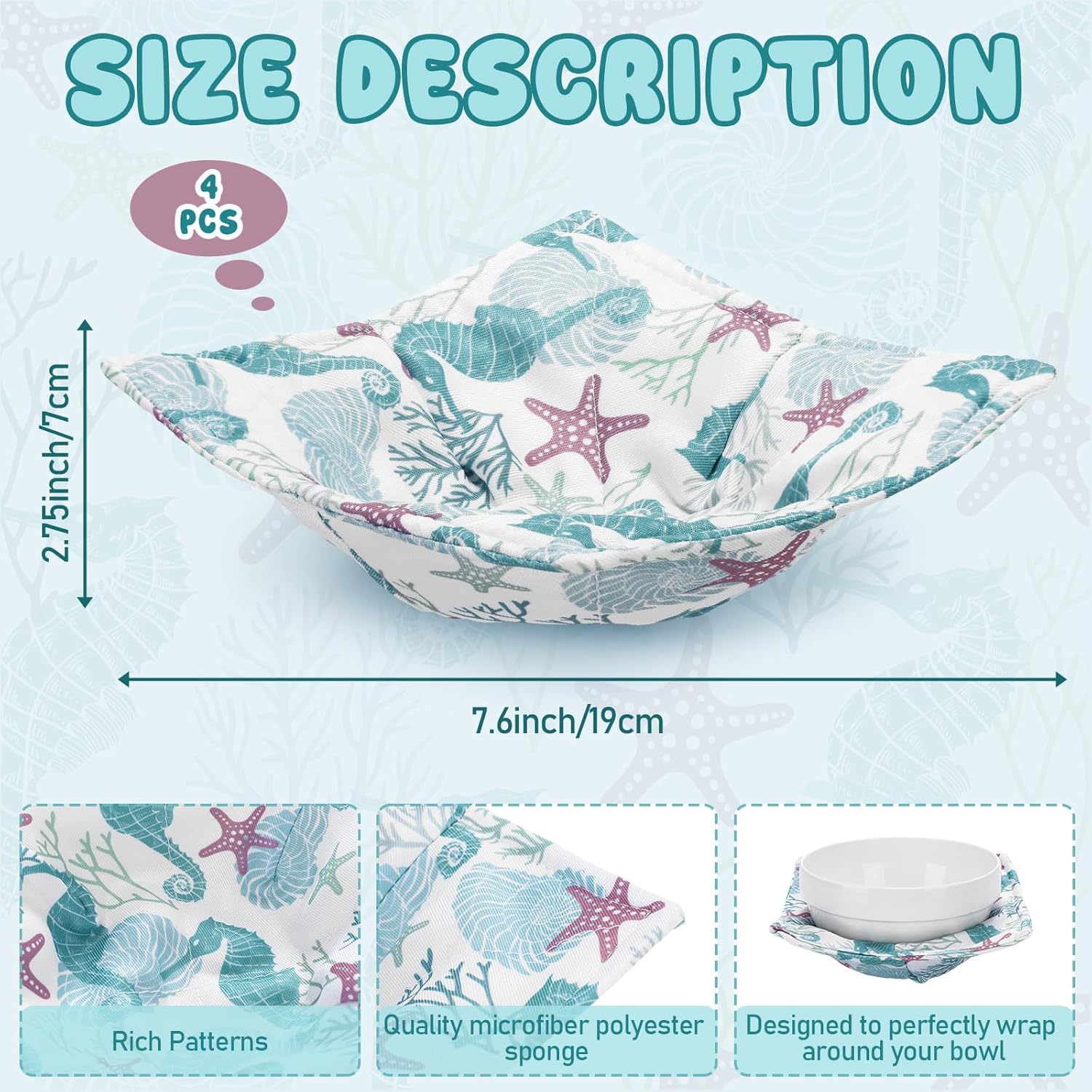 Cunhill 4 Pcs Cotton Microwave Bowl Cozy Holders for Hot Food Hot Pads Soup Bowl Potholders Heat Resistant Multipurpose Quilted Safe Holders for Kitchen Plate Supply(Light Blue,Ocean) Light Blue Ocean