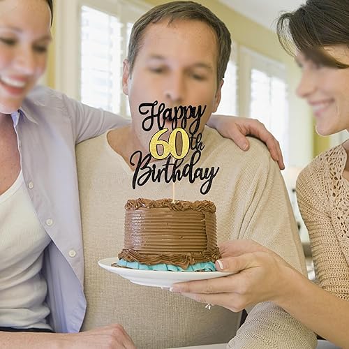 Miniatura 7 de 1 pieza Decoración para tarta de feliz 60 cumpleaños, decoración para tarta de oro negro con purpurina, felicitaciones por 60 años, decoración para