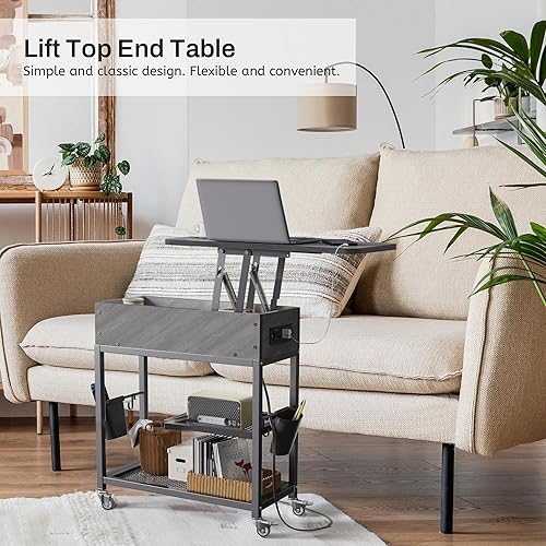 Miniatura 7 de Colima Lift Top End Table with Charging Station and Wheels, Sofa Side Table with USB Port & AC Outlets, Movable Bedside Nightstand with Side Bag for