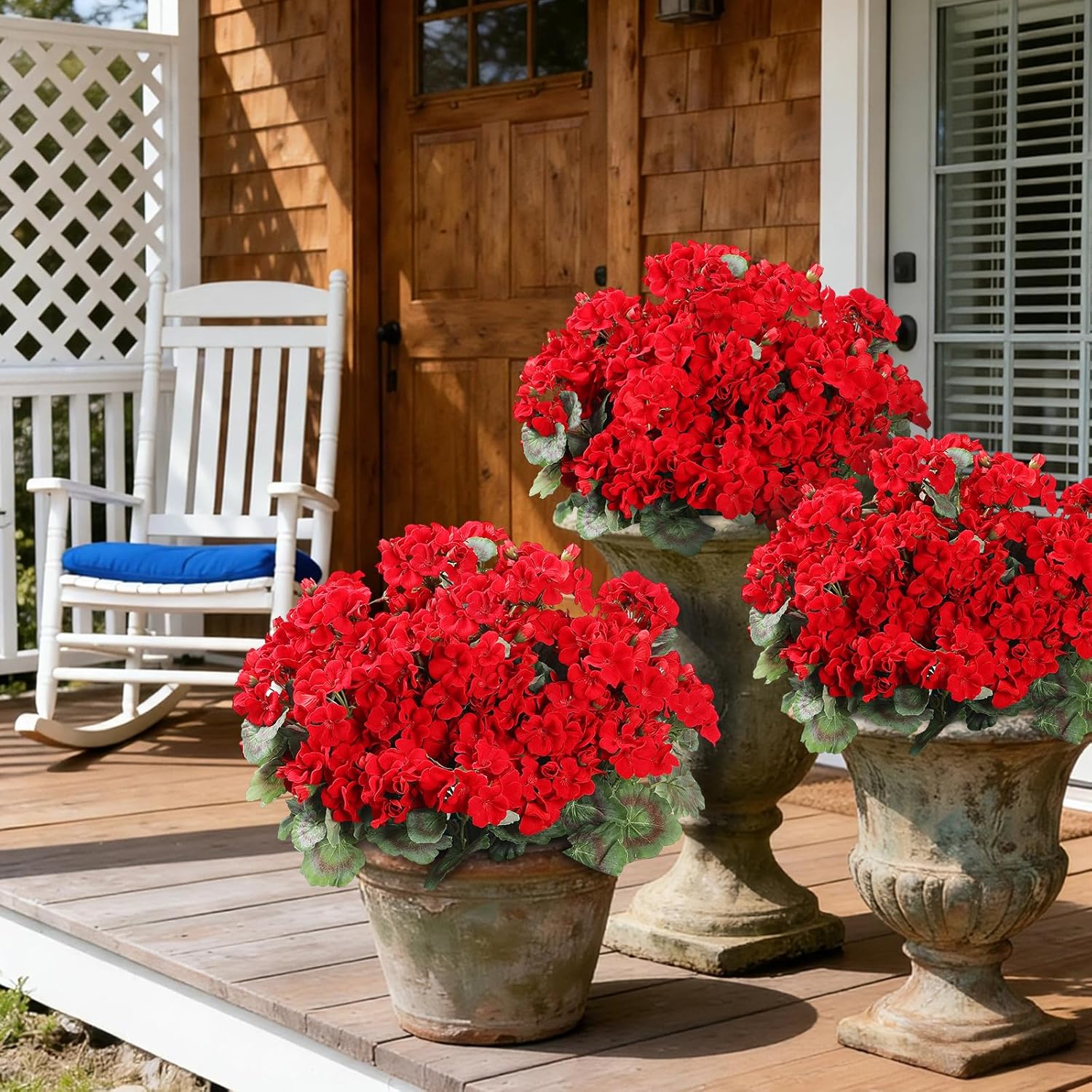 Coferset 30 Blooms Red Geraniums Artificial Flowers for Outdoor, 6 Bundles Velvet Realistic Faux Geraniums for Garden Planters, UV Resistant Faux Flowers for Garden, Porch Decor(6, Red)