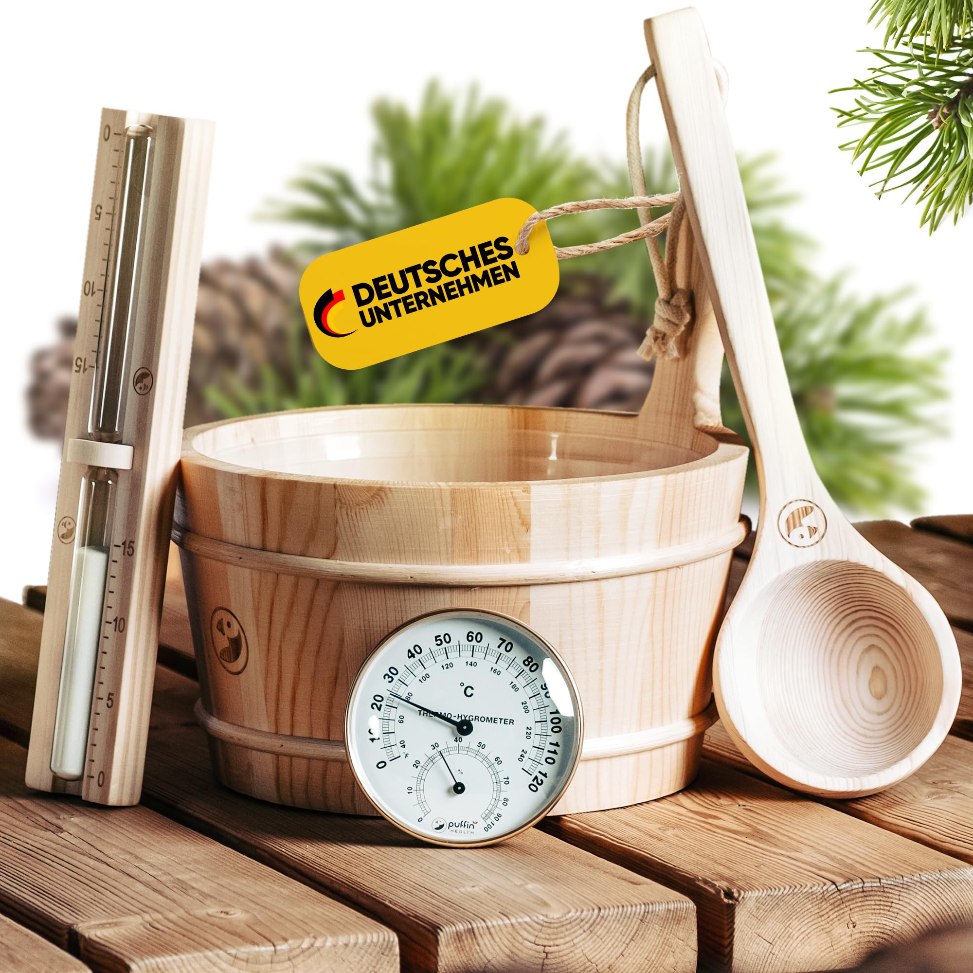 Sauna Zubehör Set | Saunathermometer, Hygrometer, Sanduhr, Aufguss Eimer & Saunakelle | Das perfekte Saunazubehör für Zuhause