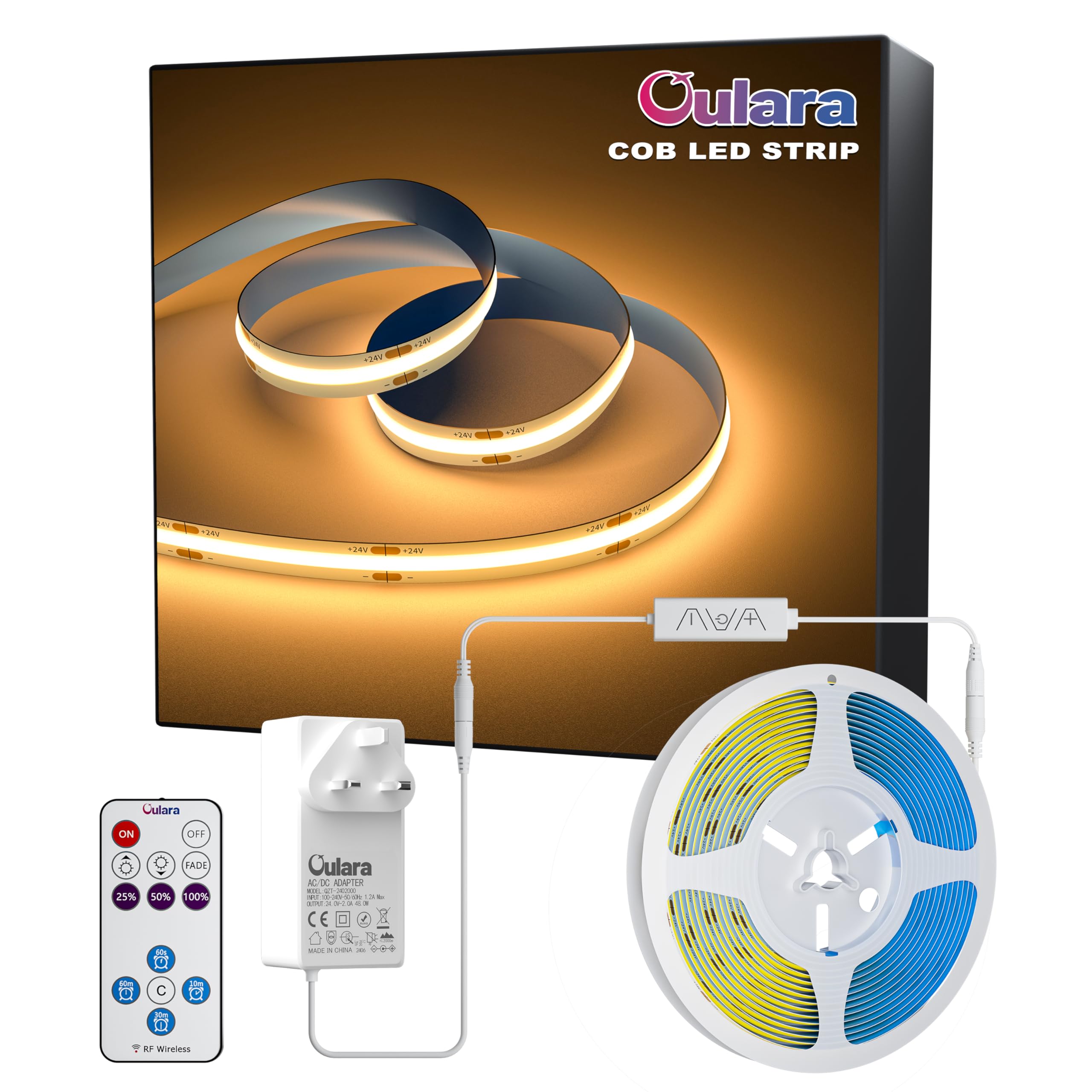 OULARA COB LED Strip 2700K Warm White LED Strip Light 10M Dimmable Super Bright 24V CRI 90+ Flexible Tape Lights Kit with RF Remote Timer Function for Kitchen Cabinet Shelf TV DIY Lighting Project — image 1