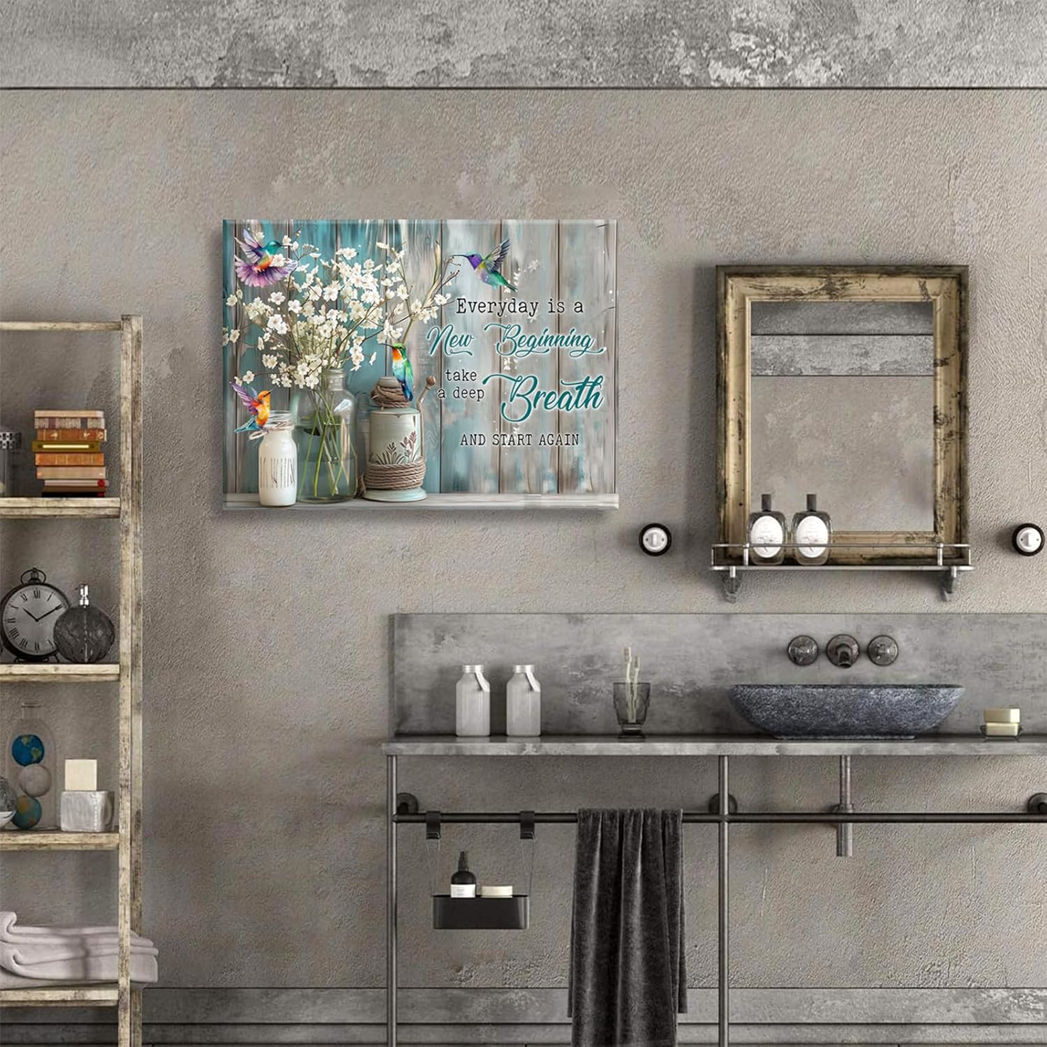 Rustic Bathroom Floral Canvas Wall Art Farmhouse Floral Wall Decor Inspirational Quote Poster Print Hummingbird Flower Painting Picture for Bathroom Living Room Bedroom (16x24in canvas)